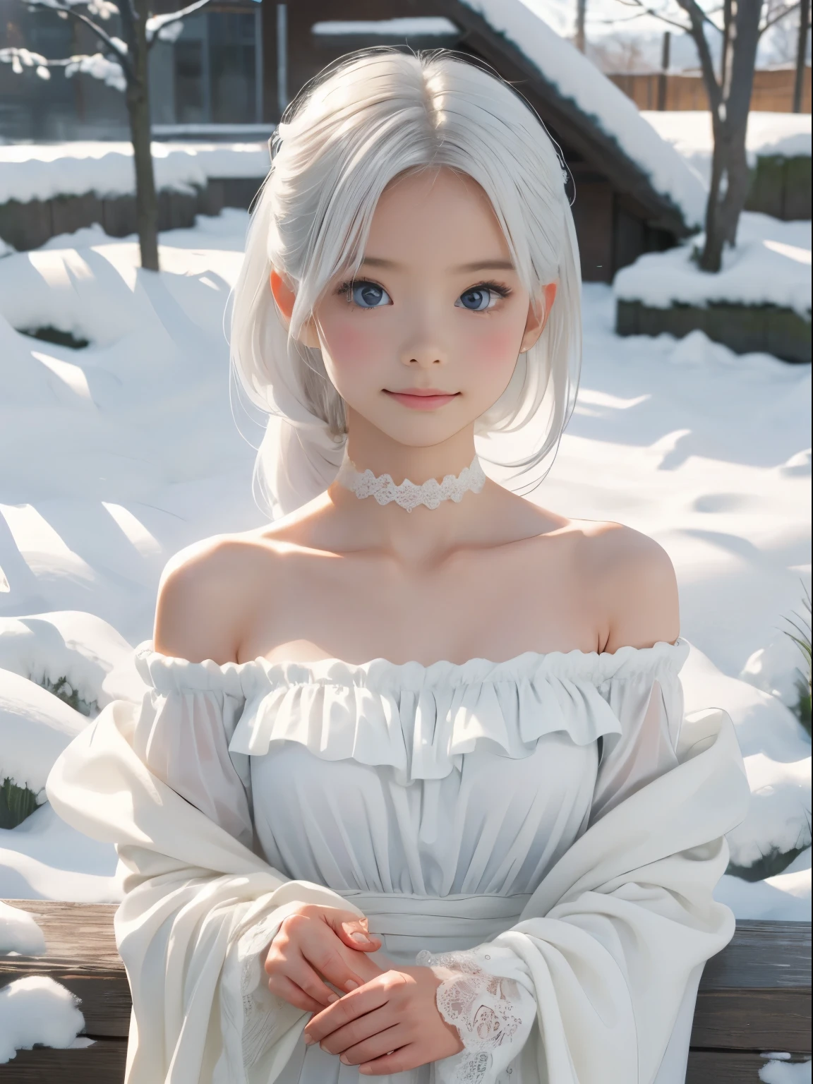 realistic,realism,photorealism,photo-realistic,high contrast,(photorealistic:1.2),8k high definition detailed realistic,(best quality, masterpiece:1.2),photon mapping,radiosity,physically-based rendering,best quality,highly detailed,1girl,felsa,white hair,blue eyes,single braid,hair over shoulder,full body,blue dress,snow,blue theme,