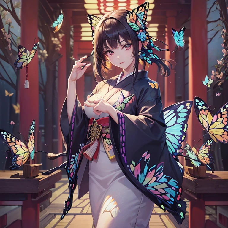  top quality )),( Ultra A High Resolution),( ultra-detailed ),(Exquisite depiction),(( Best Anime )),( Best Artwork ),Sharpness,, Ultra Precision Art, amazing depiction techniques , A beautiful work of art with intricate and delicate details, ( 1 The beauty of Japanese clothing with butterfly motifs :1.6),Japanese-style tea room,A beautiful girl looks back ,