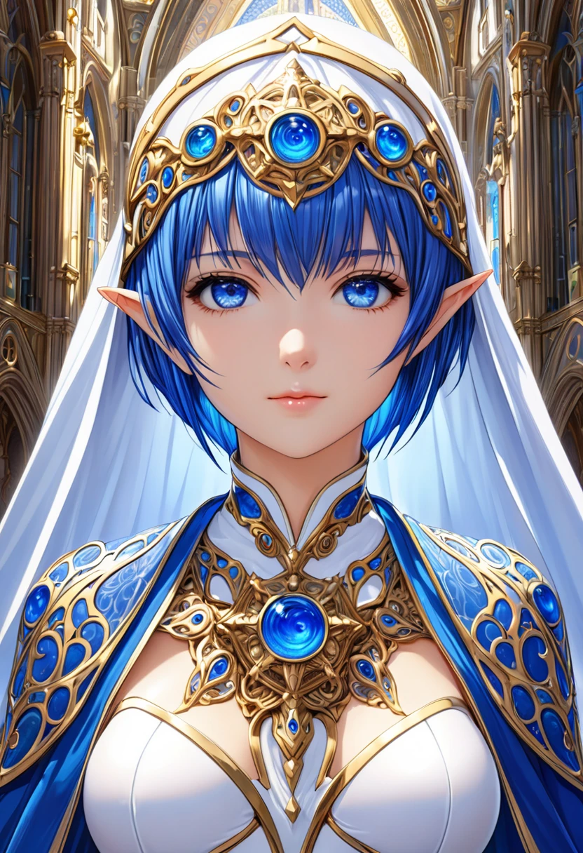 ((Best quality)),(Super high resolution),(Super detailed new),(Detailed description),((Best CG)),(Best artwork),Super detailed art,Wonderful new Art,(Surrealistic),Girl,Elf,(Blue hair),(((Short hair))),(Blue eyes),Highly detailed face,(Perfect eyes),Perfect hands,Perfect proportions,One Elf girl priestess, Girl,Beautiful face:1.6,Also new:1.5,Natural makeup:1.4,Very detailed face,(Perfect eyes),Wearing a white veil, Wearing a white high leg bodysuit, He is wearing thin and light armor and holding a long holy staff,Detailed armor: 1.6, Precise and detailed relief: 1.7,An old cathedral, Against the background of the church, Healthy skin, Highly detailed lighting,
