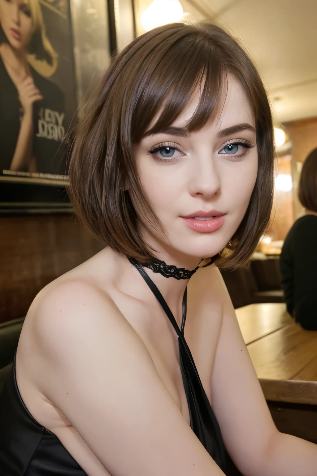 professional photo shoot, portrait mode, beautiful young supermodel, full face, slim body, detailed face, (close-up: 1,2), gorgeous, bob haircut, in dress, against the background of a night club, slutty pose, sitting near a table, pub, dim light, smoke