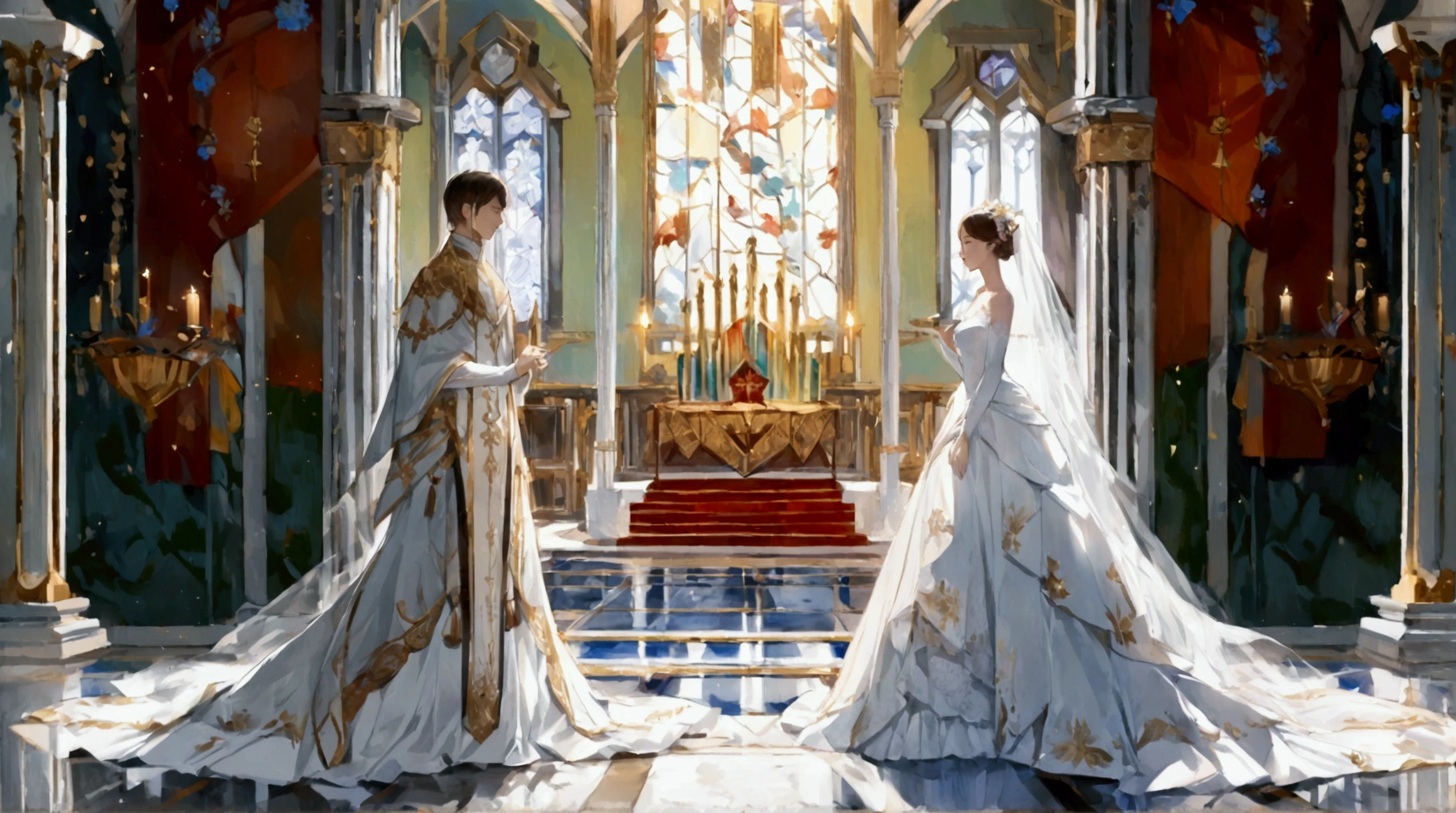 A grand medieval European-inspired church interior, soaring vaulted ceilings adorned with ornate carvings, softly filtered golden light streaming through stained glass windows, two noble aristocrats in lavish attire facing each other, the woman wearing a stunning white bridal gown with intricate lace details and flowing fabric, the man clad in luxurious medieval finery, both standing on polished stone floors near an ornate altar, Japanese animation tone, acrylic watercolor painting style, hyper-detailed facial features and attire, delicate brushstrokes, exquisite textures, vibrant yet harmonious color palette, ultra-sharp focus, 8k UHD resolution, extremely realistic lighting with subtle luminosity, cinematic framing, atmospheric depth enhanced by gentle dust motes drifting in the light, polished and refined composition, professional illustration quality, masterpiece-level detailing, no unwanted artifacts, perfect anatomy and proportions, slightly dynamic posing with a sense of grace and formality, visually striking contrast between the bride’s white gown and the rich hues of the nobleman’s attire, impeccable rendering of materials including fabrics and metallic threads, natural skin tones, subdued background elements that heighten the couple’s prominence, premium-grade illustration, elegant and majestic ambiance, stable and meticulously painted scene, evoking a grand ceremonial moment infused with timeless romance and solemn reverence