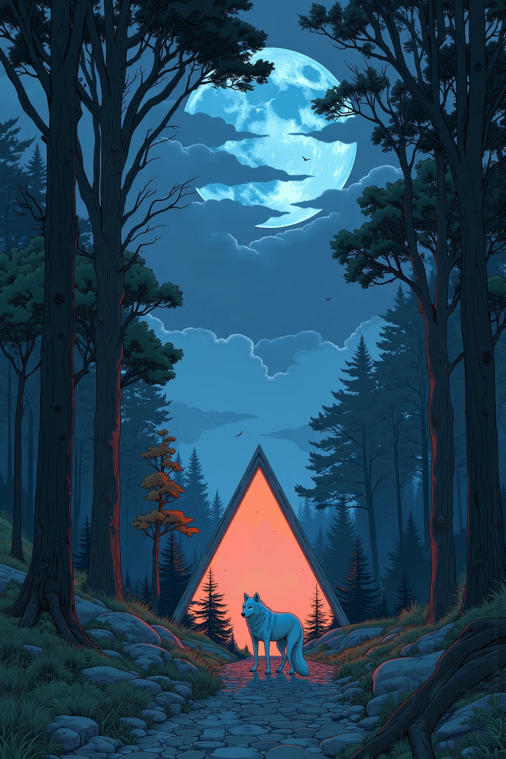   There is a triangular painting in the forest , white wolf under mysterious surveillance , Pyramid Portal  , video game concept art , Space Horror Concept Art  , dreamy digital painting, Lost in the Void  ,Norman Sky Concept Art、8k Forest  ,Background artwork