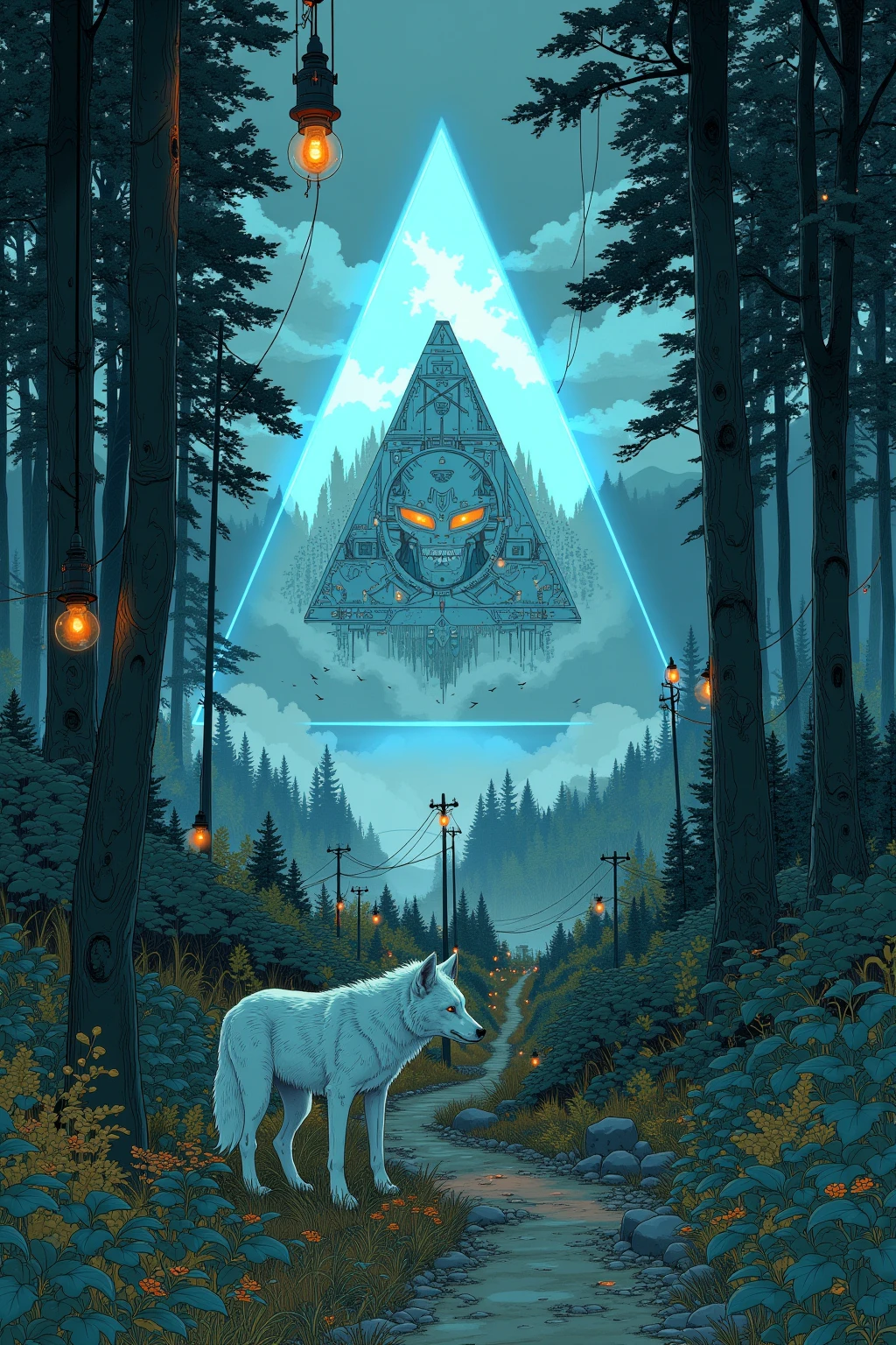   There is a triangular painting in the forest , white wolf under mysterious surveillance , Pyramid Portal  , video game concept art , Space Horror Concept Art  , dreamy digital painting, Lost in the Void  ,Norman Sky Concept Art、8k Forest  ,Background artwork