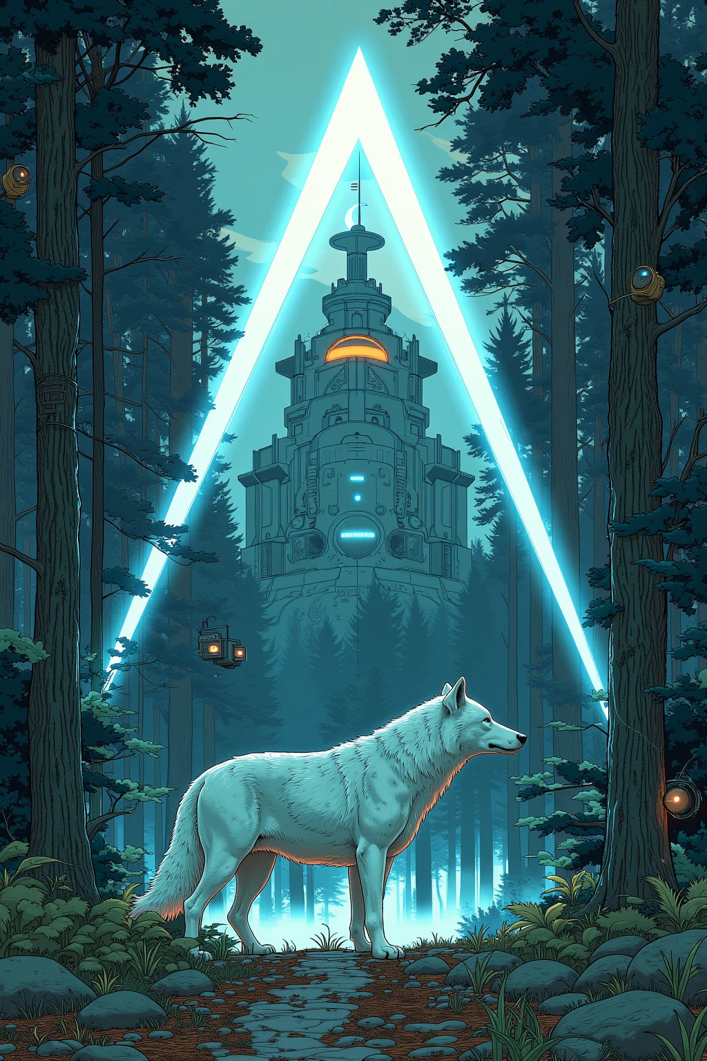   There is a triangular painting in the forest , white wolf under mysterious surveillance , Pyramid Portal  , video game concept art , Space Horror Concept Art  , dreamy digital painting, Lost in the Void  ,Norman Sky Concept Art、8k Forest  ,Background artwork