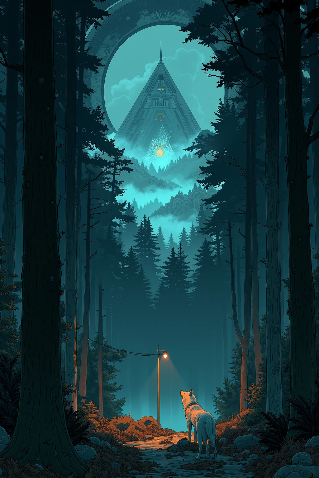   There is a triangular painting in the forest , white wolf under mysterious surveillance , Pyramid Portal  , video game concept art , Space Horror Concept Art  , dreamy digital painting, Lost in the Void  ,Norman Sky Concept Art、8k Forest  ,Background artwork