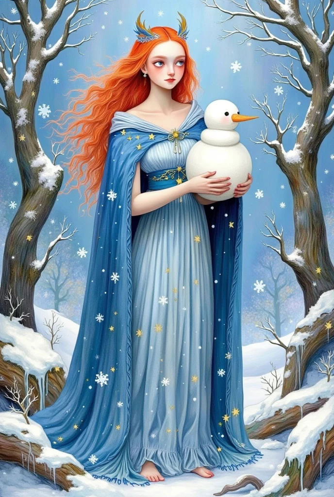 a painting of a woman in a blue cloak holding a snowman, goddess of winter, white witch, queen of winter, allegory of winter, winter princess, the ice queen, illustration!, 3 winter deities, winterthorn blessing, illutstration, illustration art, illustrative art, full color illustration, anna nikonova aka newmilk