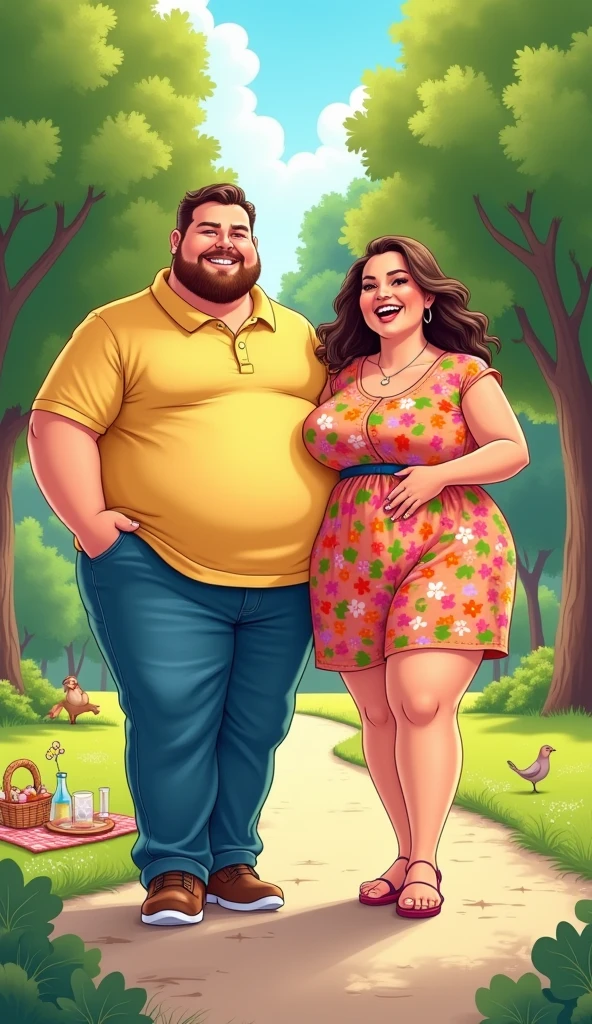 Drawing of a couple, the chubby woman of 1,60cm, with big breasts, black hair with red highlights,is the man of 1,75cm, without body definition, Scrawny, dark hair and short hair.