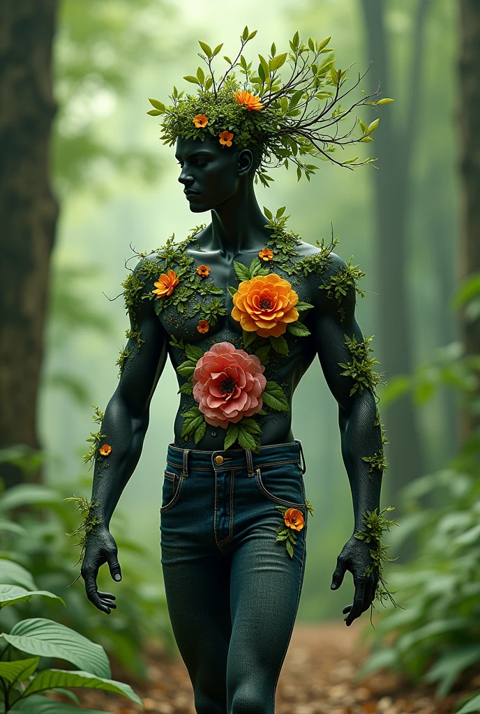 a handsome Asian man with intricate mechanical body, hydraulics as a connector, detailed structure, fiber optic braided hair, holding europhia flowers, abandoned futuristic laboratory setting, filled with vines and lush green wild vegetation, a little sunlight filtering in to create a dramatic impression, perfect composition, cinematic, very detail and clear