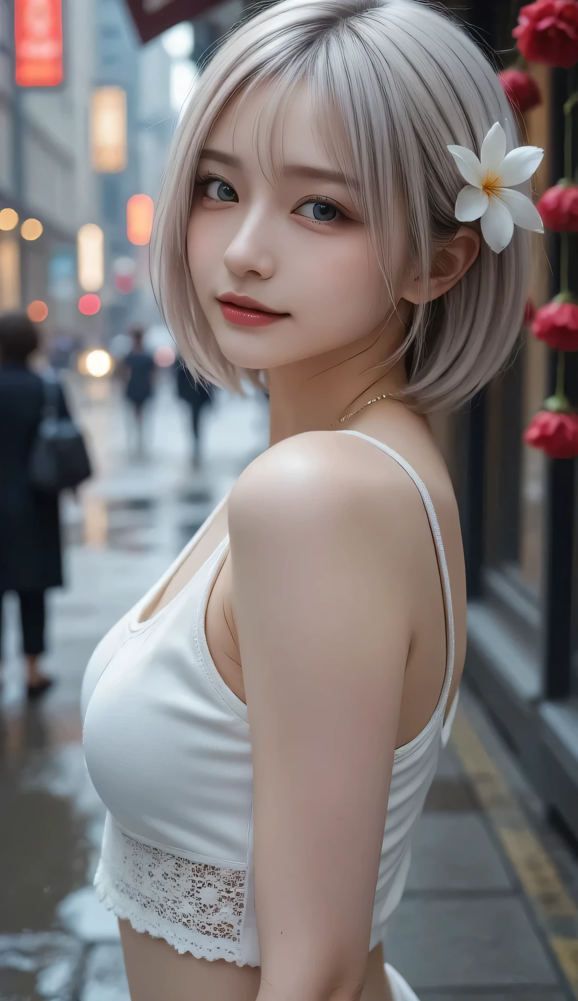 ((((masterpiece, best quality, high resolution)))), Extremely detailed 8K, Beautiful girl with slender body, (Ultra HD, Ultra-detailed, Highly detailed, Highly realistic, Ultra-realistic, photograph realistic), (1girl:1.5), (Realistic white hair), short wavy hair, bob cut, (dynamic poses), facing at camera, light smile, parted lips, purple eyes, (huge breasts: 1.2), cleavage, (beautiful detailed face, beautiful detailed eyes), fluffy off-shoulder yukata, summer festival in background, cityscape scenery, street, night light, night time
