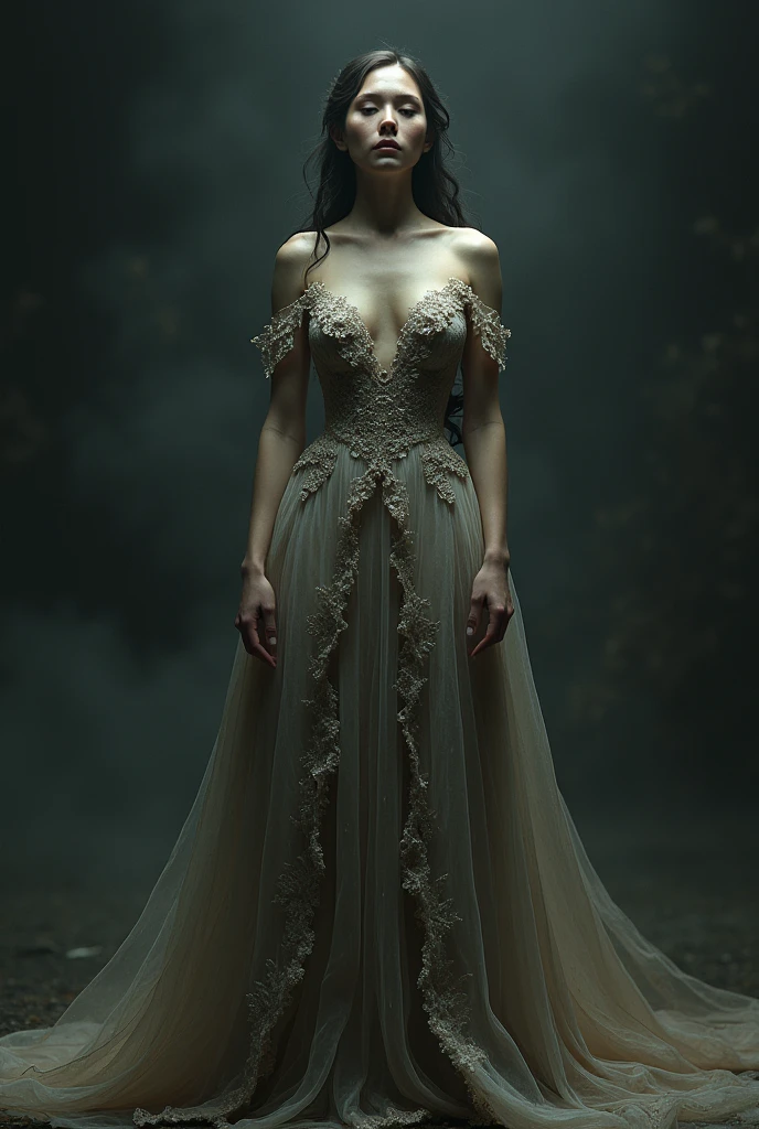 A goddess of death, beautiful and delicate, features innocent and soft. Long coal-black hair and skin as pale as snow. So beautiful you would die for her. Wearing a beautiful iridescent black dress like she was a queen, perfect composition, beautiful detailed intricate insanely detailed octane render trending on artstation, 8 k artistic photography, photorealistic concept art, soft natural volumetric cinematic perfect light, chiaroscuro, award - winning photograph, masterpiece, oil on canvas, raphael, caravaggio, greg rutkowski, beeple, beksinski, giger
