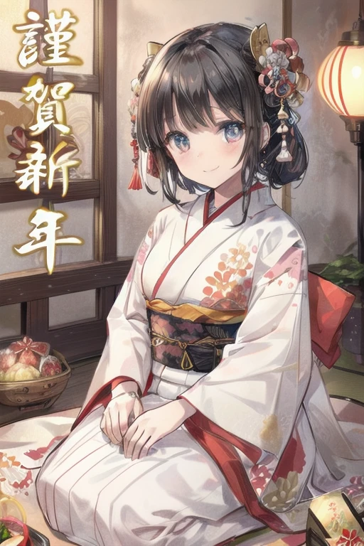 ((Happy New Year))、 happy new year cute girl  ( Very gorgeous kimono studded with jewels  ), seiza,  sitting, smile,  black hair,   with traditional Japanese performing arts in the background, (Swirl pattern, Japanese Style),   artwork、3d、4K、 real、 4K high definition digital art、 realism 、masterpiece、 top quality 、 Official Art 