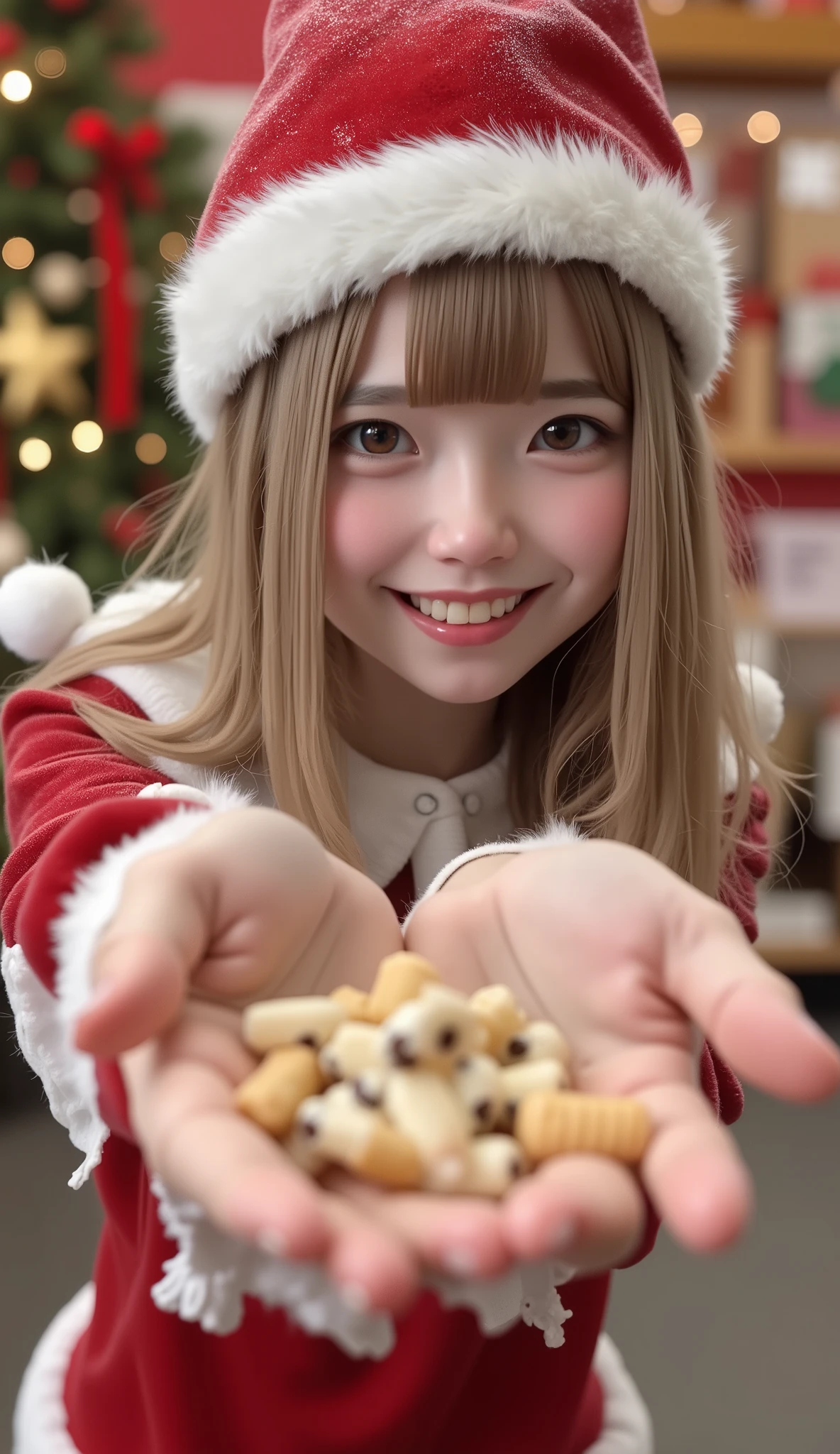 A girl is cosplaying Santa Claus、(((Santa Claus without a single tooth:1.2、Missing teeth、Teeth full of cavities :1.37、Missing teeth)))、Christmas Meme 、 Santa Claus handing out sweet treats、(((Santa Claus without a single tooth:1.2、Missing teeth、Teeth full of cavities :1.37、Missing teeth)))、 and laugh