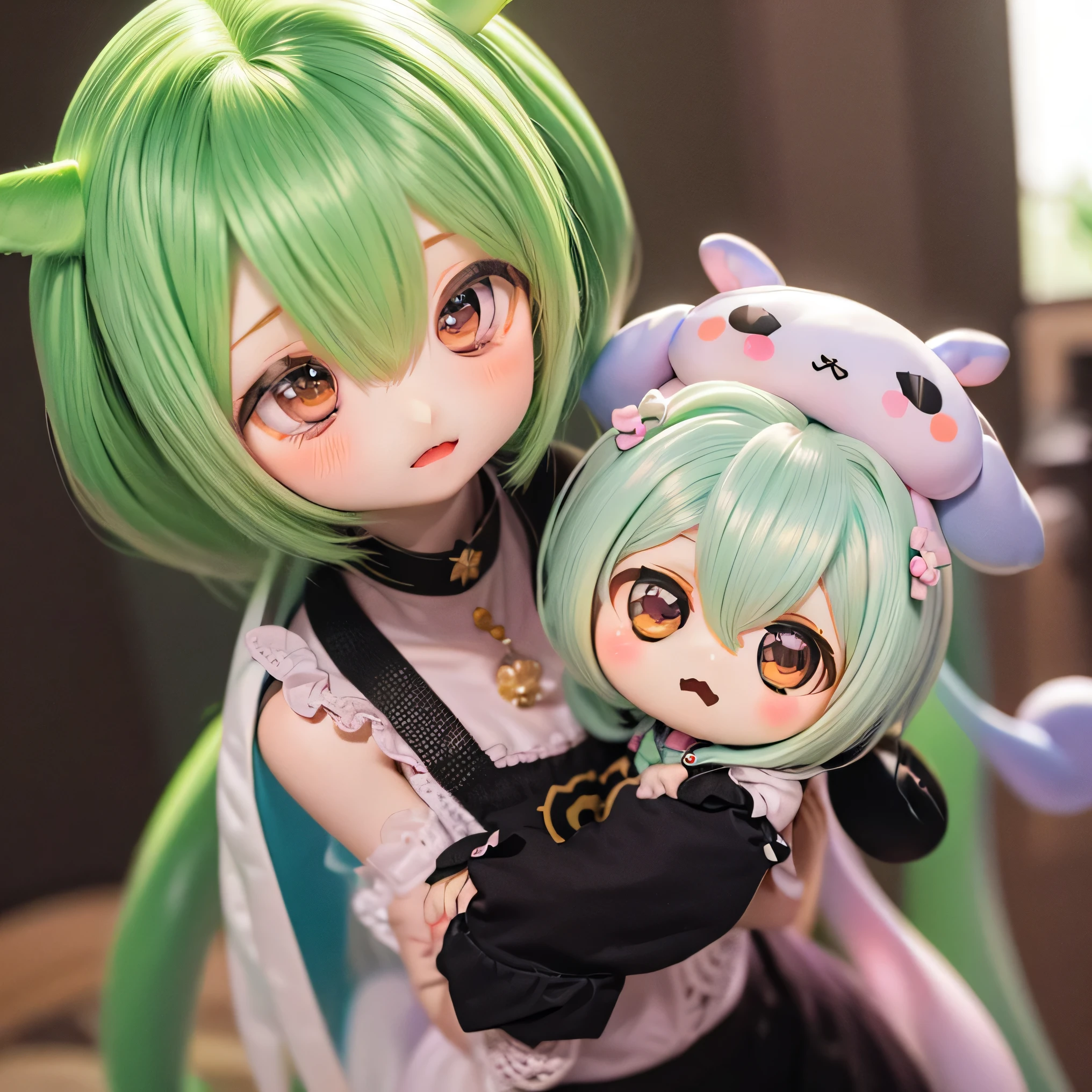         green-haired Zundaman in a cute pose(((((Chibi)))))play、((( Mother and daughter )))