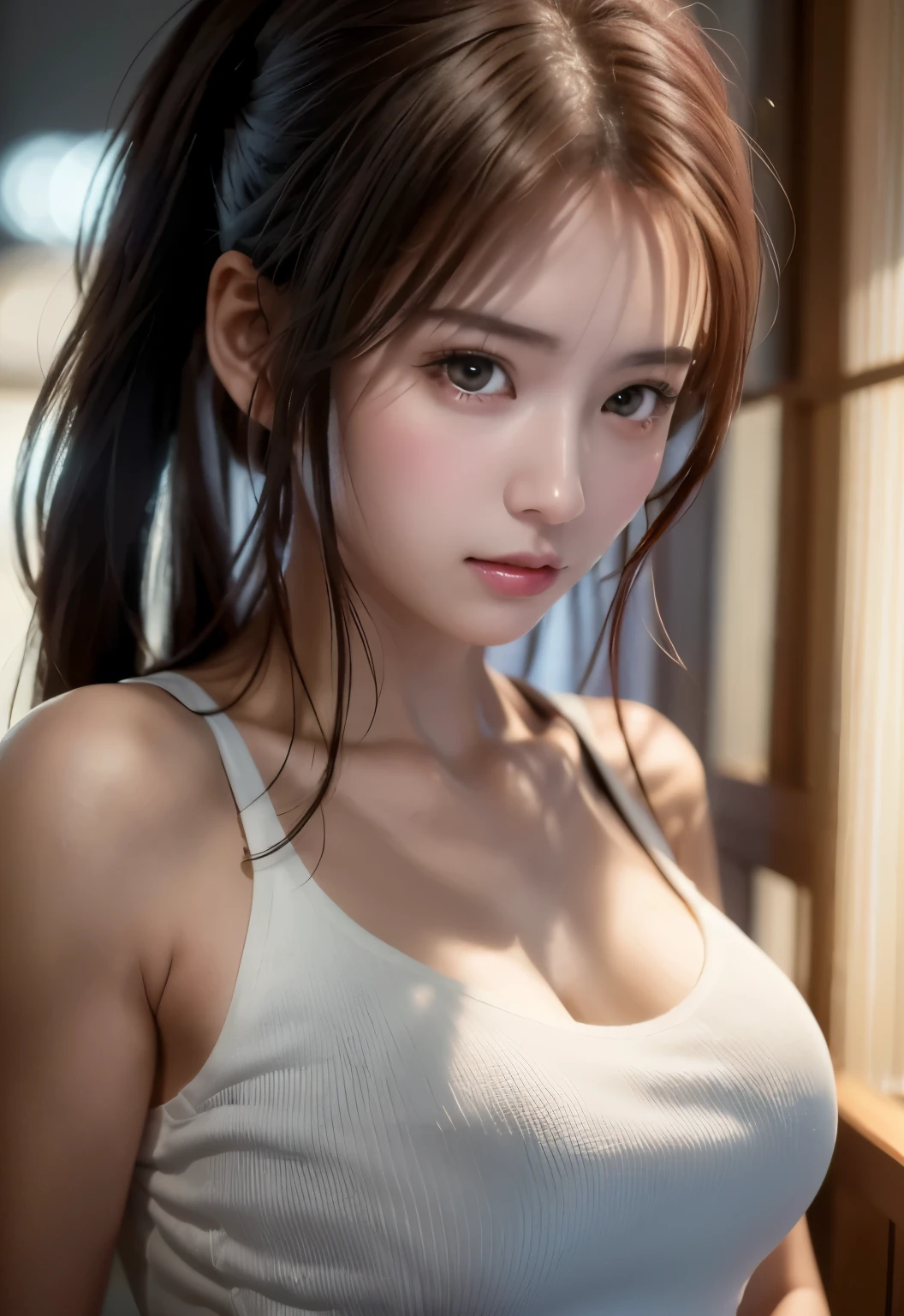 8K, of the highest quality, masutepiece:1.2), (Realistic, Photorealsitic:1.37), of the highest quality, masutepiece, Beautiful young woman, Pensive expression, Sweet look, Sexy white shirt、Hair tied back, Messy mood, Cinematic background,  Light skin tone