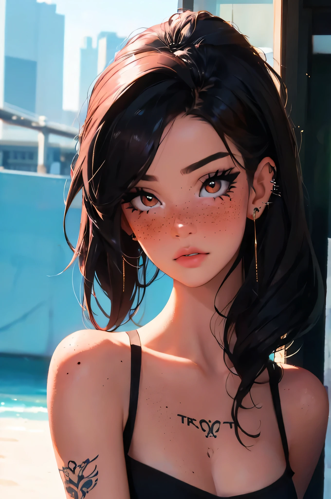 24 year old girl, influencer, model, beautiful, mascara, nose blush, freckles, tube top, piercings, tattoos, slender, slim, stunningly pretty, perfect skin