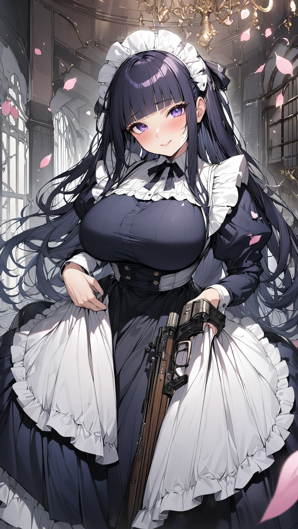 (masterpiece, highest quality, Absurd), One Woman,mature,Mature,Age 25,Black Hair, Straight long hair, Blunt bangs, Big Breasts, Tight waist, Purple eyes, petal, Blue tanned skin, indoor, Gunsmith,Assault rifle,Maid,Black Long Skirt,Maid headdress, Maid apron, Cowboy Shot, blush, A light smile, Tilt your head, bow