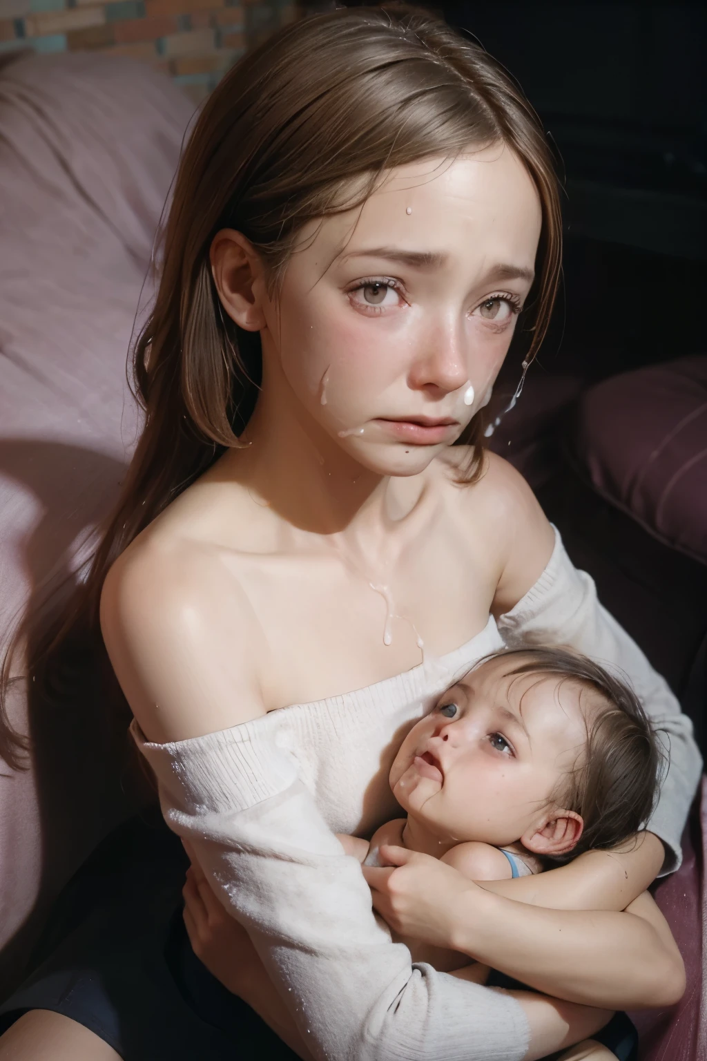 (imminent rape, off shoulder, cum, facial, after rape, :1.21), cum on thighs, sad expression:1.1, skinny, (teenage mother holding very pretty baby girl, presenting:1.271), (imminent penetration, drugged, exhausted, bags under eyes, abuse, bruise, bruised eye, trailer trash:1.1), backseat of a car, 