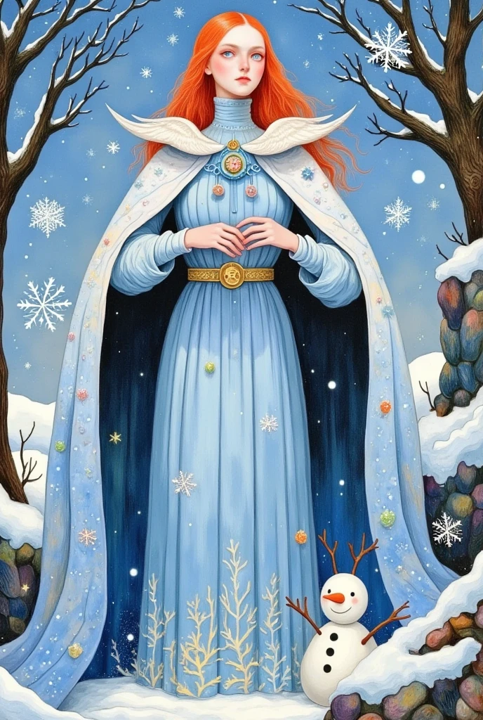 a painting of a woman in a blue cloak holding a snowman, goddess of winter, white witch, queen of winter, allegory of winter, winter princess, the ice queen, illustration!, 3 winter deities, winterthorn blessing, illutstration, illustration art, illustrative art, full color illustration, anna nikonova aka newmilk