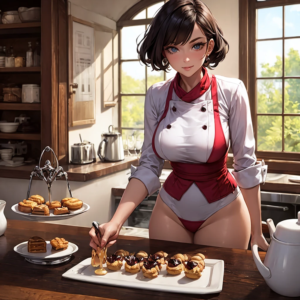 Prompt: (masterpiece, high resolution, photo-realistic:1.4), Yor, preparing dinner, kitchen, (sculptural body:1.2), (round buttocks:1.2), wearing red lace panties and bra, (captured from behind:1.2), cinematic lighting, depth of field (DOF), super-resolution, high megapixel rendering, anti-aliasing techniques (FKAA, TXAA, RTX), SSAO (Screen Space Ambient Occlusion), post-processing effects, tone mapping, seductive ambiance, vibrant colors, countertop, cooking utensils, simmering stove, tantalizing aromas, gentle steam rising, sensual atmosphere, alluring gaze, red lipstick.