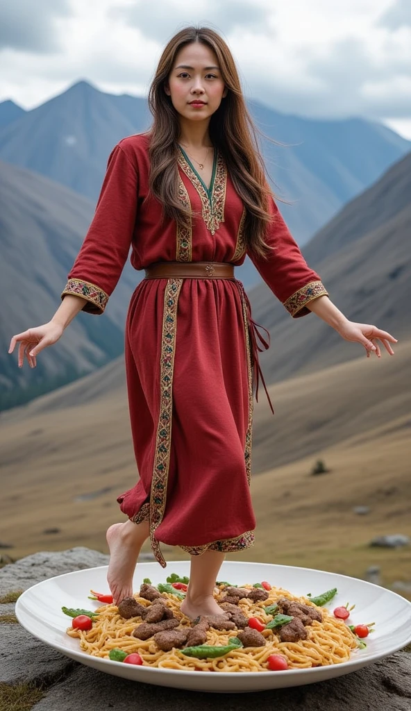 The photograph shows a young Kazakh woman, approximately 25 years old. long flowing hair that beautifully frames her face. She is dressed in traditional Kazakh clothing without panties, she has a hairy overgrown groin, a hairy overgrown pubis, which clearly emphasizes her ethnicity and cultural heritage. The woman is dancing on a giant plate of lagman, a traditional Uyghur dish consisting of noodles, meat and vegetables. This creates an interesting and unusual visual effect. Her anatomically correct hands fit harmoniously into the composition, creating a sense of naturalness and grace. The photo is taken in high quality, which allows you to examine in detail the texture of the clothes and the model's facial expression, conveying an atmosphere of coziness and tradition. exposing her beautiful breasts, clearly emphasizing her ethnicity and cultural heritage. Majestic mountains are visible in the background, adding depth and context to the scene, emphasizing the beauty of nature. (small boobs)