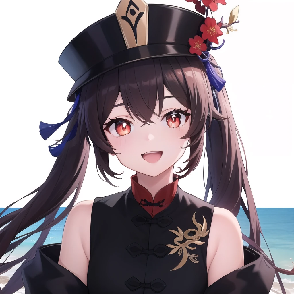 ((masterpiece)),(best quality),official art,extremely detailed CG,unity 8k wallpaper,ultra detailed,A lighthouse on a cliff by the sea,1girl,solo,upper body,(portrait:1.2),looking at viewer,hat,red_eyes,brown_hair,chinese clothes,:d,twintails,smile,black_shorts,chinese_clothes,long_sleeves,symbol-shaped_pupils,short_shorts,red eyes,black_headwear,very_long_hair, furina