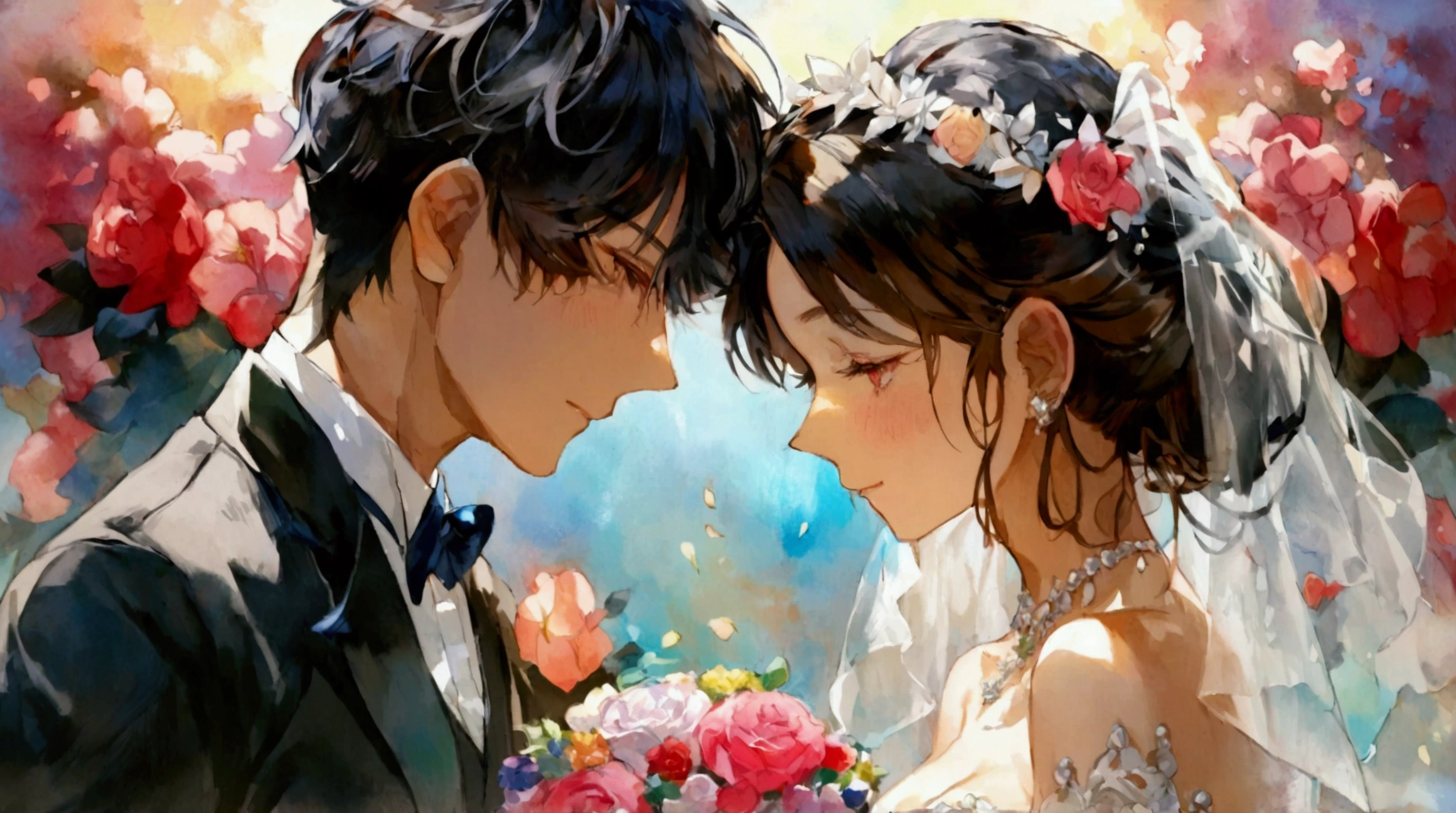  depiction of the wedding of two aristocrats with acrylic watercolor brushstrokes、 top quality 、アクリル水彩風の筆致で