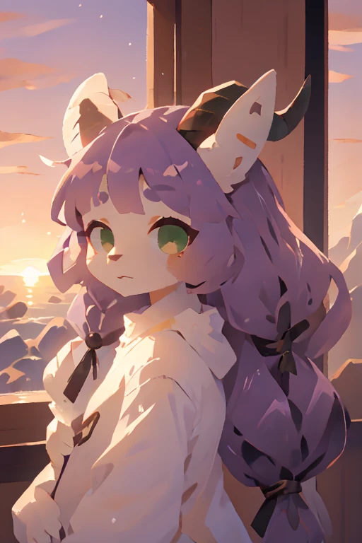 1girl, goat girl , anthro,  wild goat, female goat , break, white goat head, ( purple hair), Straight bangs,  Trimmed Back Hair,  green eyes, White body, ( straight black horn),  white goat ears , Fluffy,  face forward, break, boring, sunset, Red Light Shining Inside 