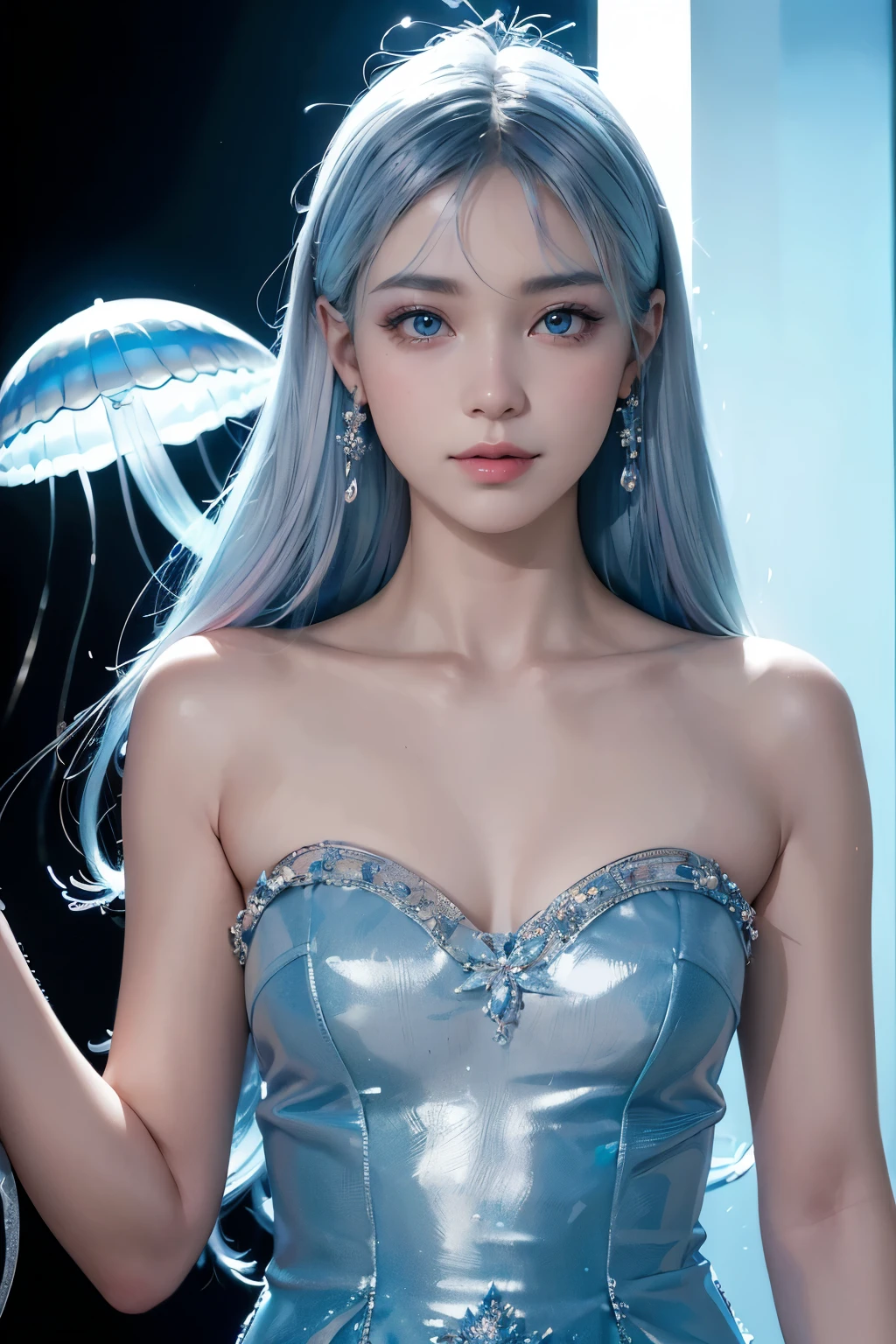 highly detailed, 8k, masterpiece, 2girls, young asian girls, 19 years old, Blue pink_hair, smile, (perfect_face), sharp facial features, sharp face, on_back, ornate, intricate, dramatic lighting, detailed_background, caustics, full_body,  (extra detailed body、extra detailed face、best qualtiy:1.2)、femele、looking at the viewers、(Silver, light blue and blue gradient hair color、Wacky dress for a fashion show with a jellyfish motif、Fancy makeup、accessorized)、(Jellyfish tank in the background),