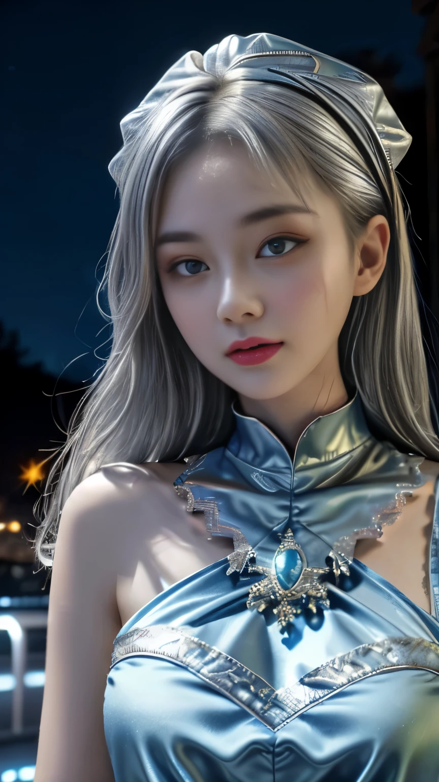 (8k, masterpiece, best quality), ultra-detailed, detailed beautiful round eyes, beautifully detailed face, high quality, high resolution, 1 girl, medium breast, (blue silver cloth:1.5), (bare waist:1.2), nighttime, night garden background,