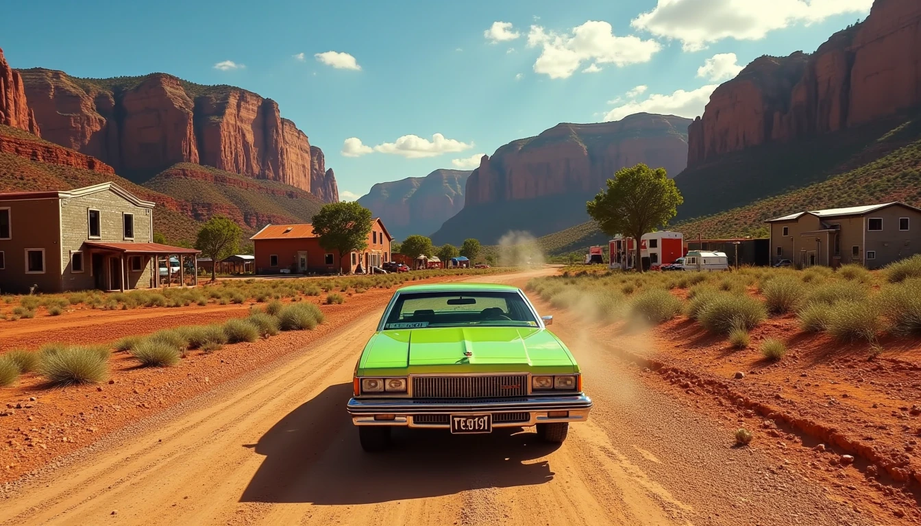 masterpiece, 8k, best quality, analog gloomu of a fluorescent green 1980 Chevrolet Caprice driving on a dirty gravel road in Grand Canyon in Arizona, (dilapidated town), western cowboy culture, film grain, high detail, sharp focus, ((photorealism)), realistic, best quality, 8k, award winning, dramatic lighting, epic, cinematic, masterpiece.