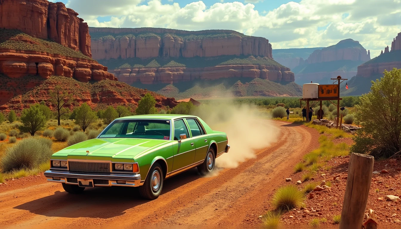 masterpiece, 8k, best quality, analog gloomu of a fluorescent green 1980 Chevrolet Caprice driving on a dirty gravel road in Grand Canyon in Arizona, (dilapidated town), western cowboy culture, film grain, high detail, sharp focus, ((photorealism)), realistic, best quality, 8k, award winning, dramatic lighting, epic, cinematic, masterpiece.