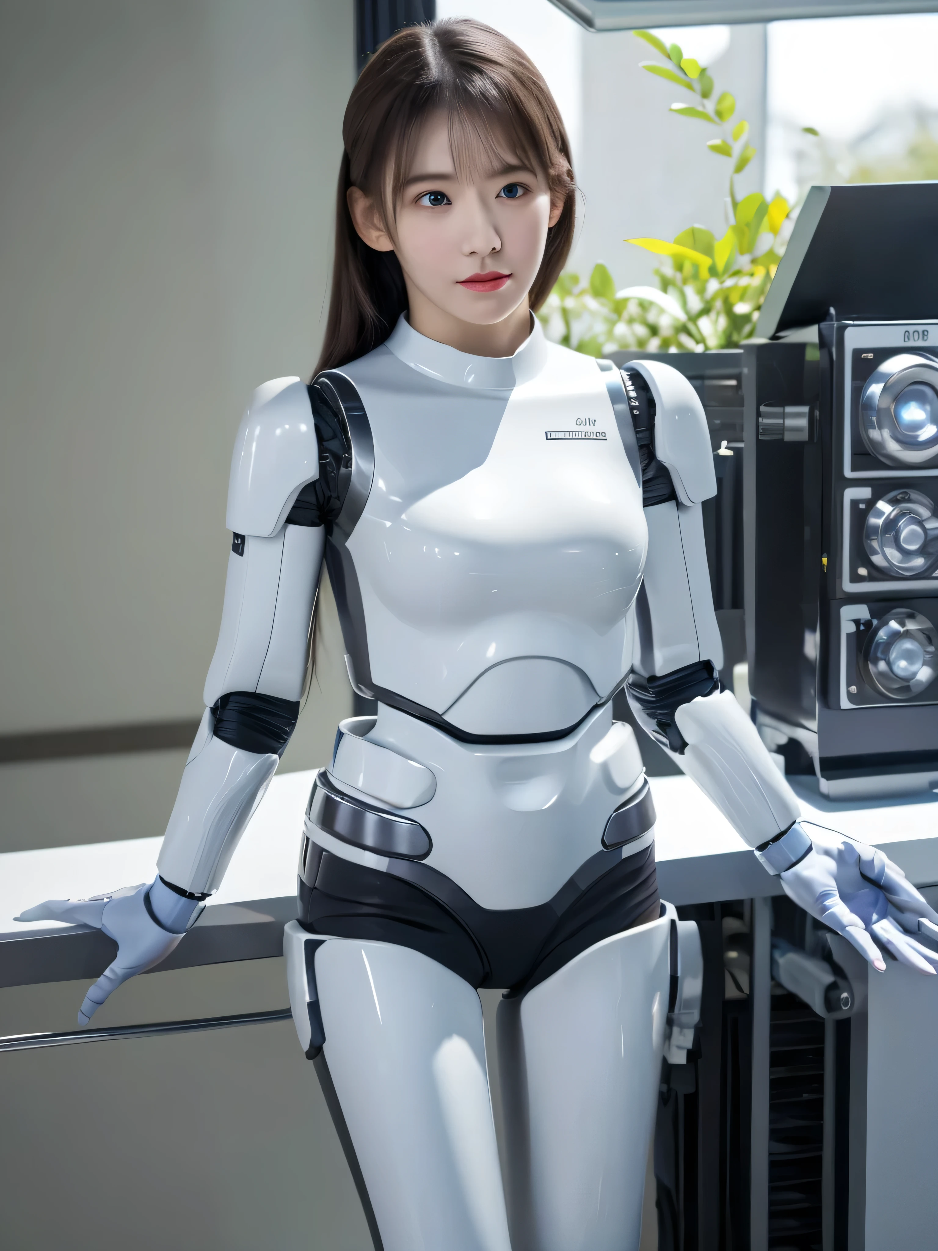 masterpiece, best quality, extremely detailed, (8K, 4K, Best Quality, hight resolution, 超A high resolution:1.1), 8K portrait,1girl in, Japaese android girl,android teacher,Plump , control panels,android,Droid,Mechanical Hand, ,Robot arms and legs, Black hair,Mechanical body,Blunt bangs,White Robotics Parts,perfect robot woman,Charging spot,Long Tube,A thick cable was connected to her neck,ceramic body ,android,robot humanoid,a bit chubby,panty,full eyes,perfect mechanical body,white robotics body,future assembly plant,white body,She has repaired,black sponge joints,android assembly plant,android,laboratory,perfect machine body,white robot body, body by hrp-4c, face by miyawaki sakura for Lesserafim, blue eyes