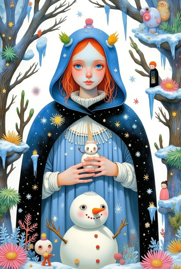 a painting of a woman in a blue cloak holding a snowman, a storybook illustration by Marie Angel, tumblr, pop surrealism, goddess of winter, white witch, queen of winter, allegory of winter, winter princess, the ice queen, illustration!, 3 winter deities, winterthorn blessing, illutstration, illustrative art, illustration art, full color illustration