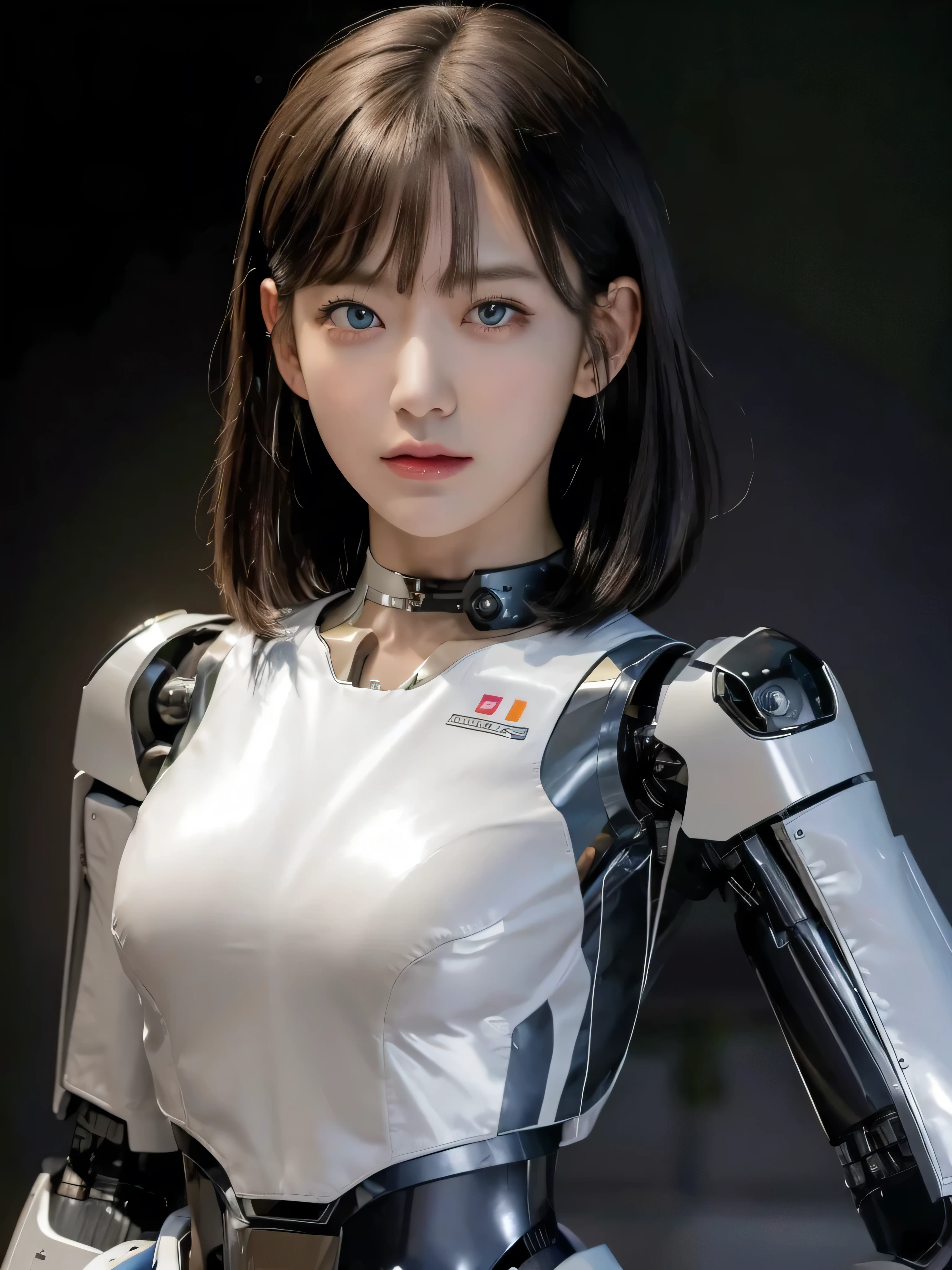 masterpiece, best quality, extremely detailed, Japaese android girl,Plump , control panels,android,Droid,Mechanical Hand, Robot arms and legs, Black hair,Blunt bangs,perfect robot girl,long tube,thick cable connected her neck,android,robot,humanoid,cyborg,japanese cyborg girl ,robot-assembly plant,She is assembled now,assembly scene,chest monitor camera eyes, body by hrp-4c, face by miyawaki sakura, blue eyes