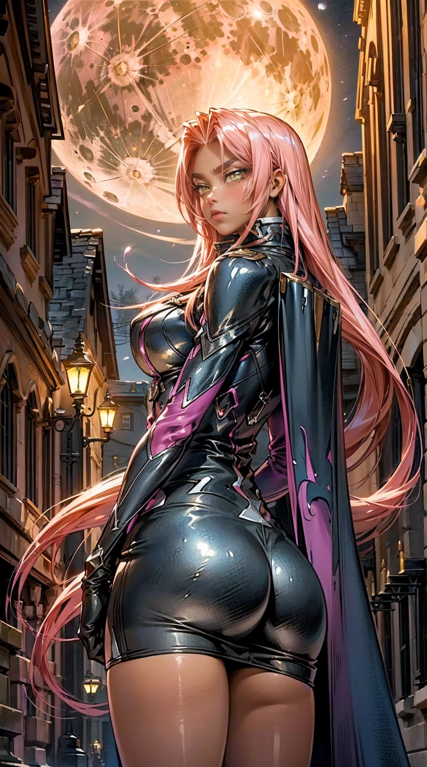  1 girl,( concept art:1.0),(taimanin asagi style:1.3), Demon Knight Ingrid、woman, sword( big eyes:1.3),( beautiful face:1.3),( big butt:1.3),(A faint smile),( The background is the moon :1.1)(from below),masterpiece,8k, super detailed 、 brown skin、 pink hair、Yellow Eyes、 black cloak