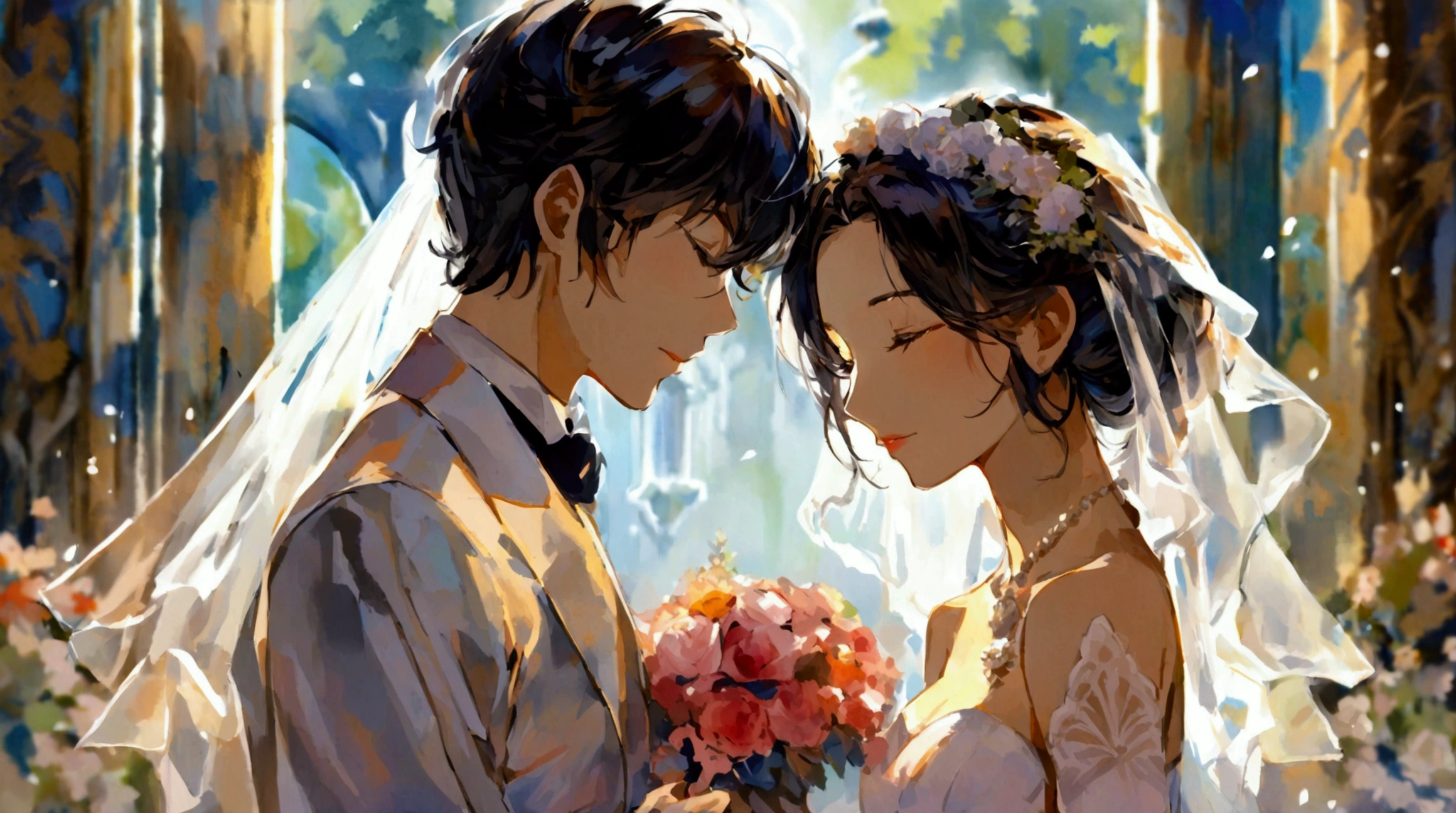  depiction of the wedding of two aristocrats with acrylic watercolor brushstrokes、 top quality 、With acrylic watercolor-style brushstrokes