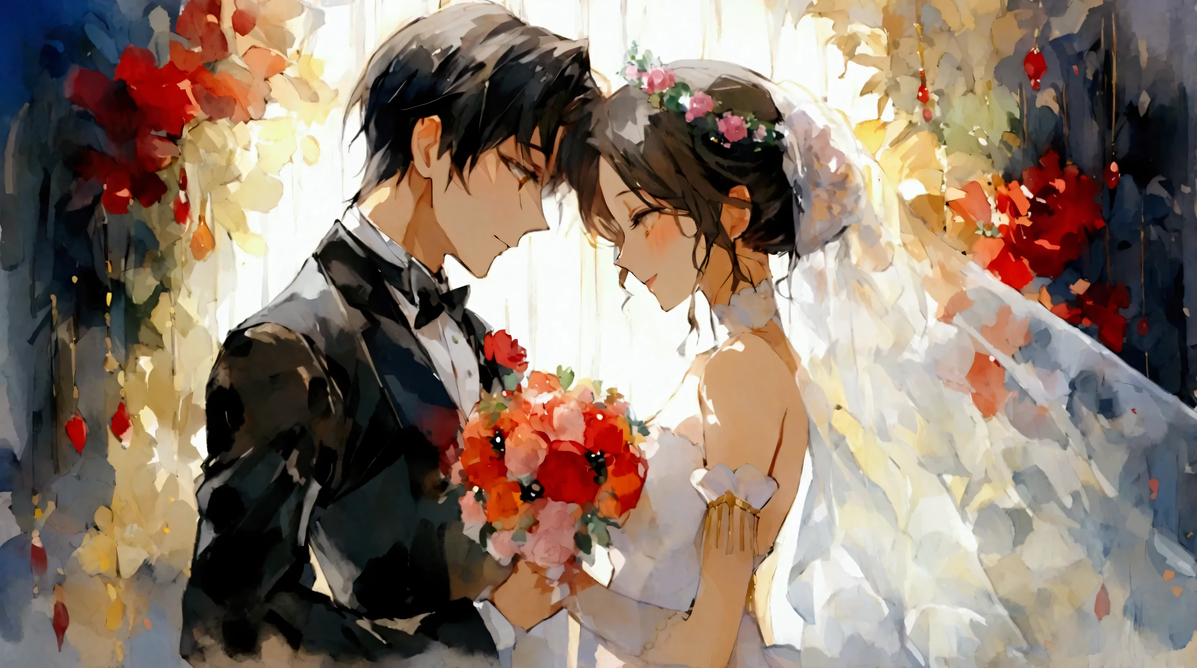  depiction of the wedding of two aristocrats with acrylic watercolor brushstrokes、 top quality 、With acrylic watercolor-style brushstrokes