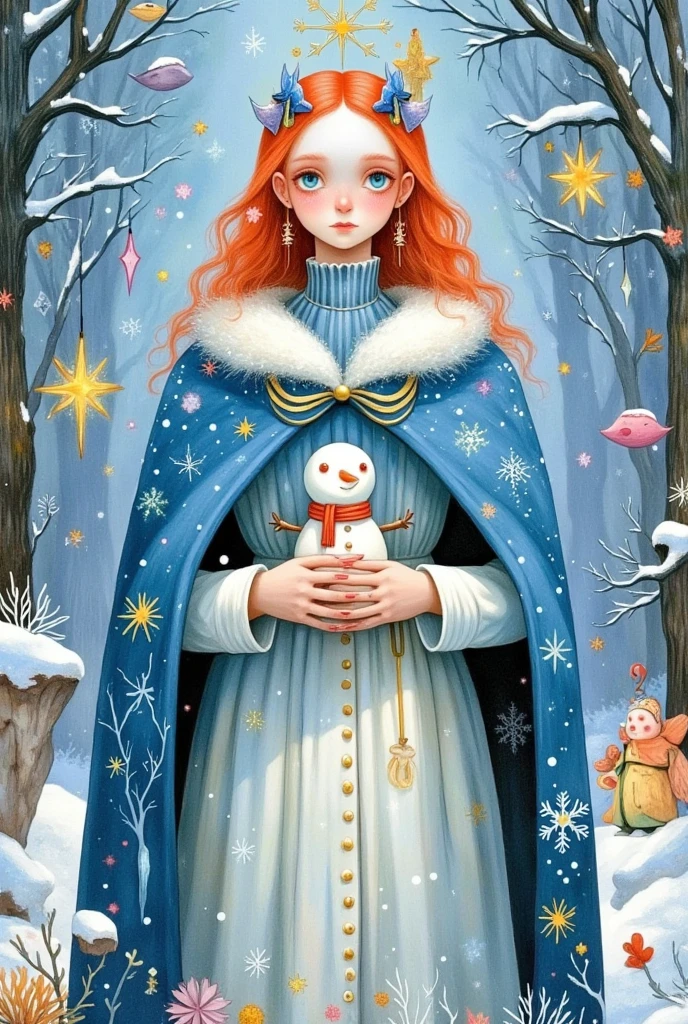 a painting of a woman in a blue cloak holding a snowman, a storybook illustration by Marie Angel, tumblr, pop surrealism, goddess of winter, white witch, queen of winter, allegory of winter, winter princess, the ice queen, illustration!, 3 winter deities, winterthorn blessing, illutstration, illustrative art, illustration art, full color illustration