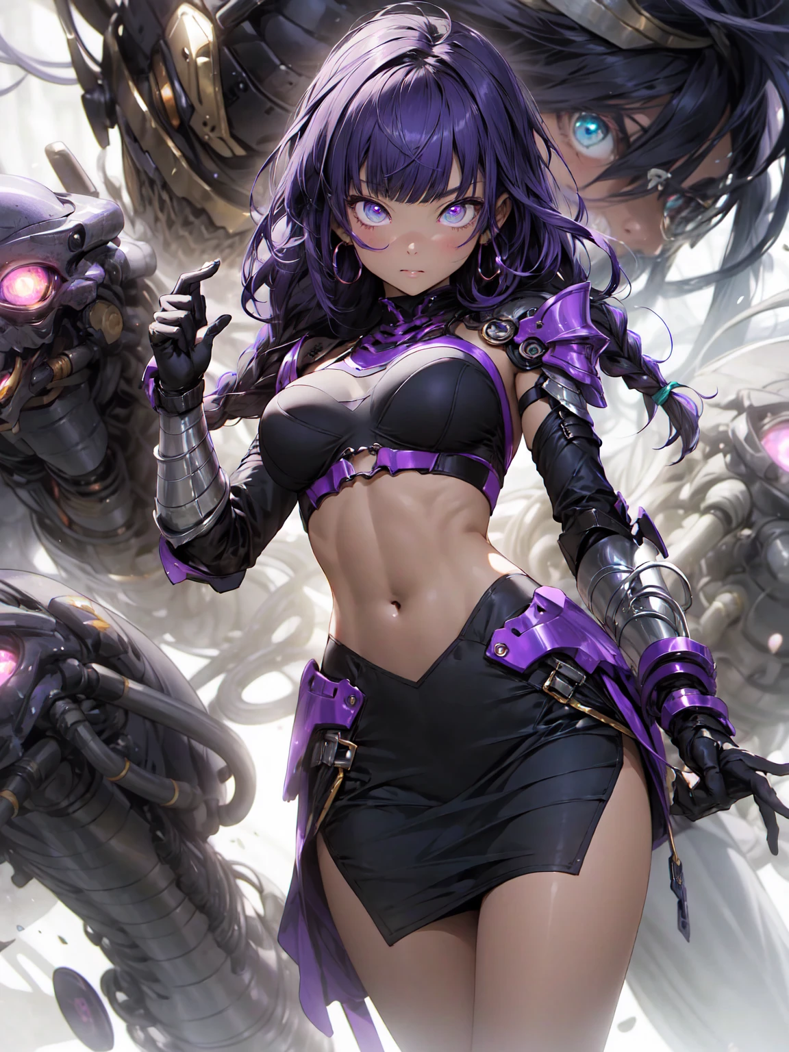 Be realistic,(masterpiece,Highest quality,Highest quality,Very detailed,Fractal Art,Most detailed,(Abstract background:1.5)(1 Girl),Kamimei,(Hair length),( puppet, Light purple eyes, Pale skin, Purple Hair Long Hair, Blunt bangs, Braiding,Big Breasts、Toned Abature face、Stunned)、crystallization,bikini、Sexy、Machine Armor、Sunburned skin、(Black pencil skirt)
