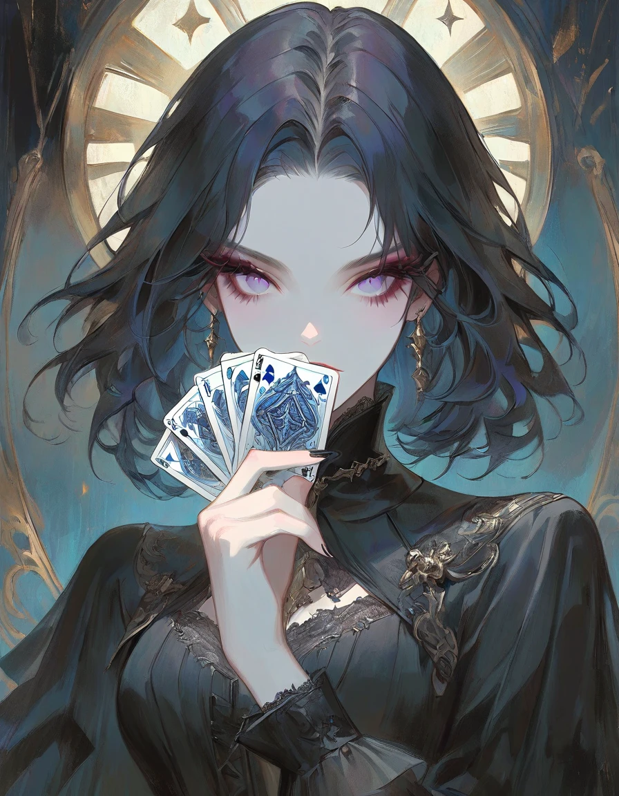 a woman with tattoos holding playing cards in her hands, artstyle tom bagshaw, gothic art, tom bagshaw style, inspired tom bagshaw, tom bagshaw inspired, tom bagshaw artstyle, gothic art style, high detailed + tarot card, in the style of tom bagshaw, style of tom bagshaw, in style of tom bagshaw