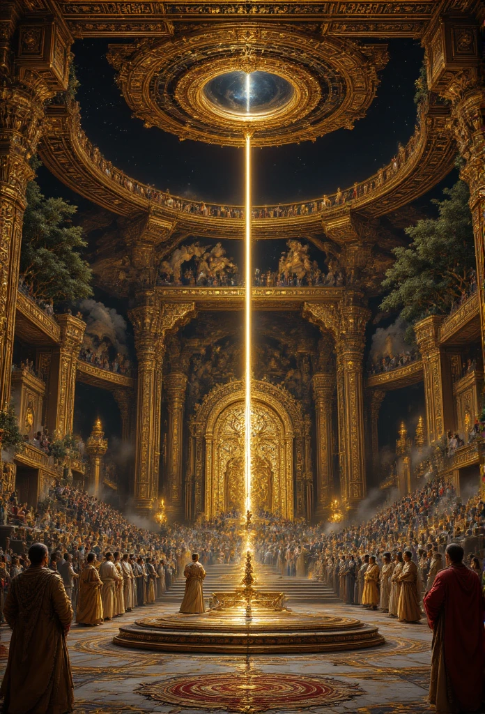 "A grand court scene of the legendary monarch Vikramaditya of the Gupta Empire, depicted in the style of Renaissance/Baroque painting. The scene is opulent and majestic, set in an intricately detailed palace adorned with golden pillars, floral carvings, and murals depicting ancient Indian mythology. The monarch sits on a grand, jewel-encrusted throne under a celestial dome with cosmic motifs, surrounded by ministers, scholars, and warriors in regal attire. The court is alive with vibrant details—ornate carpets, golden artifacts, and dramatic lighting that highlights the richness of the scene. The composition features dynamic poses and expressions, capturing the grandeur and wisdom of Vikramaditya, with a focus on the interplay of light and shadow characteristic of Renaissance and Baroque art styles."