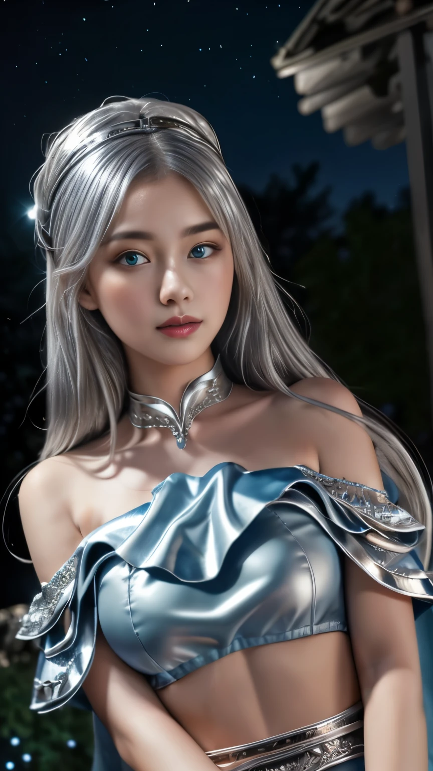 (8k, masterpiece, best quality), ultra-detailed, detailed beautiful round eyes, beautifully detailed face, high quality, high resolution, 1 girl, medium breast, (blue silver cloth:1.5), (bare waist:1.2), nighttime, night garden background,