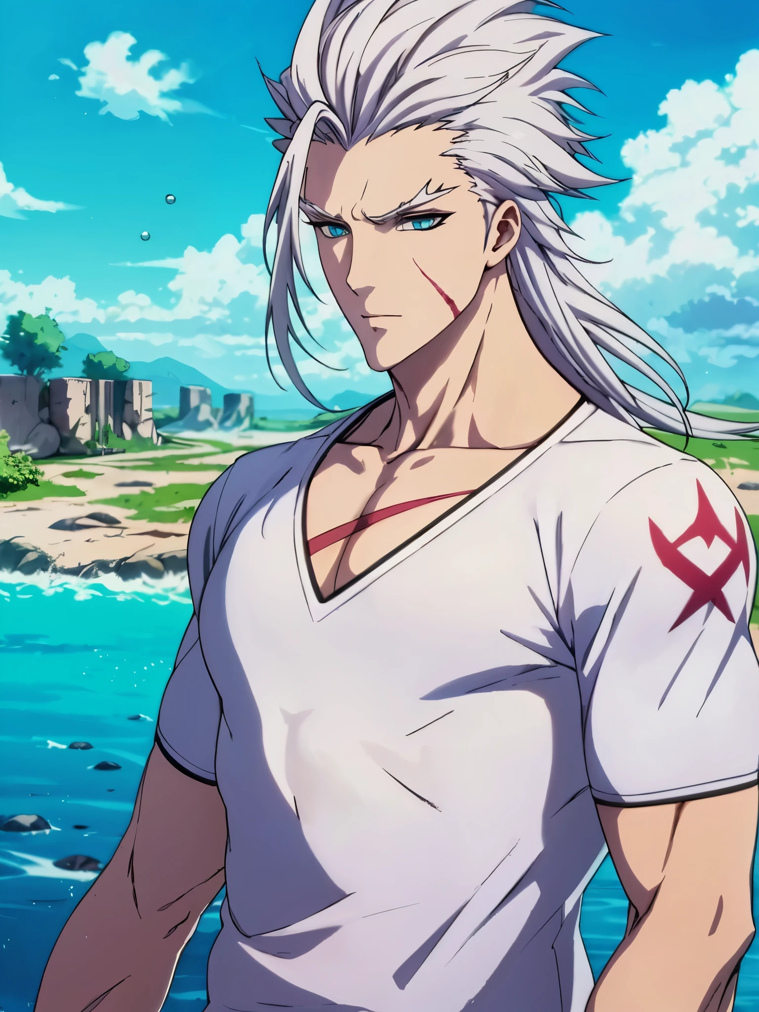 Muzaka, mature man, male character, no more characters, male swimsuit, white shirt, scars, long hair, spiky hair, messy hair, wild eyebrows, long eyebrows, light blue eyes, ultra detailed, sea drops splashing, (videogame, anime, photorealistic:1.37 ), visual harmony, epic landscapes, extremely detailed CG unity 4k wallpaper, spectacular lighting, sketch, best quality, incredible quality, very aesthetic.