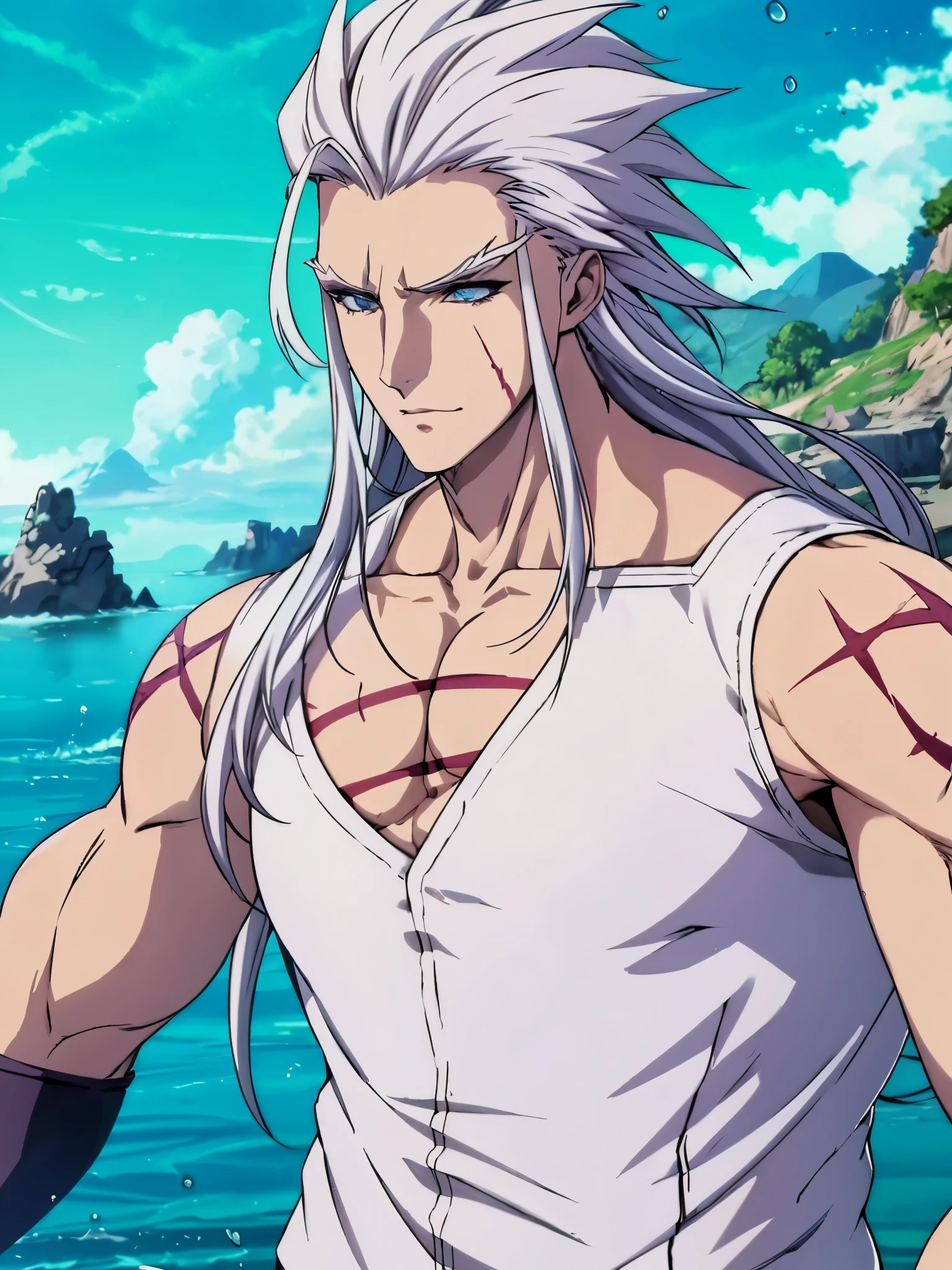 Muzaka, mature man, male character, no more characters, male swimsuit, white shirt, scars, long hair, spiky hair, messy hair, wild eyebrows, long eyebrows, light blue eyes, ultra detailed, sea drops splashing, (videogame, anime, photorealistic:1.37 ), visual harmony, epic landscapes, extremely detailed CG unity 4k wallpaper, spectacular lighting, sketch, best quality, incredible quality, very aesthetic.