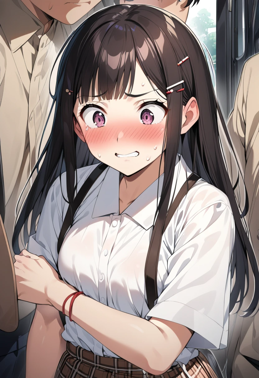 , japanese school girl,dark brown hair,at train,straight hair,black hair,hair pin,easy-going face,White shirt blouse, plaid skirt,troubled smile, twin tail, blush、molested, anatomically correct, encoxada,arrimon,groping,chikan,1girl,