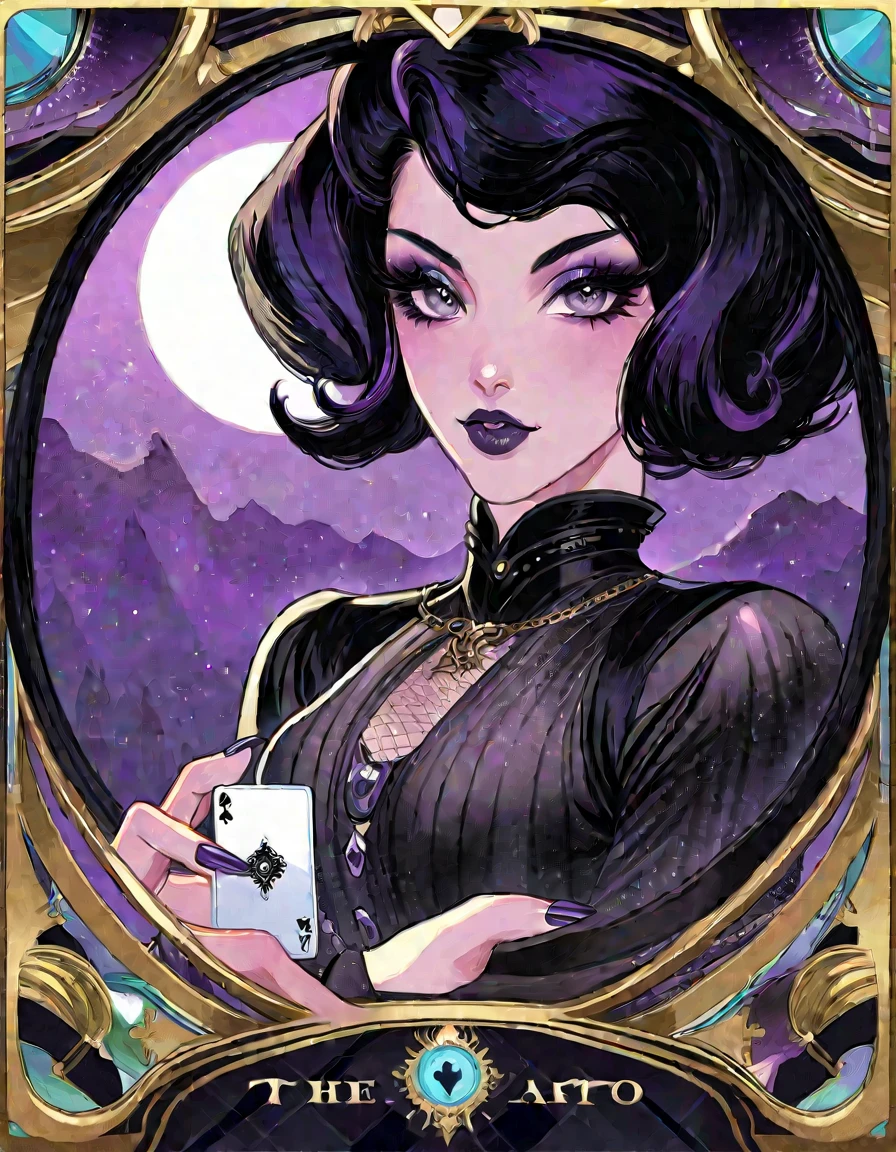 a woman with tattoos holding playing cards in her hands, artstyle tom bagshaw, gothic art, tom bagshaw style, inspired tom bagshaw, tom bagshaw inspired, tom bagshaw artstyle, gothic art style, high detailed + tarot card, in the style of tom bagshaw, style of tom bagshaw, in style of tom bagshaw