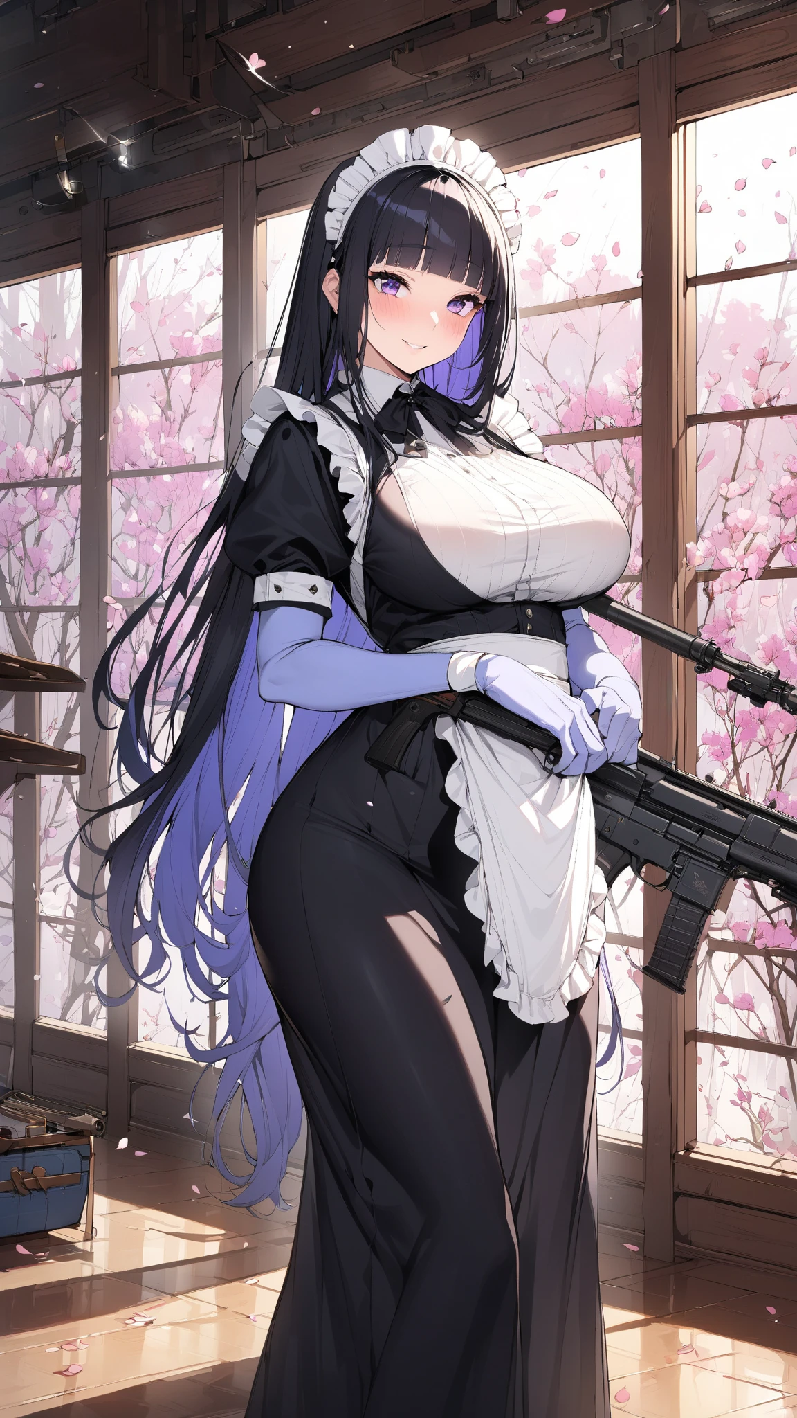 (masterpiece, highest quality, Absurd), One Woman,mature,Mature,Age 25,Black Hair, Straight long hair, Blunt bangs, Big Breasts, Tight waist, Purple eyes, petal, Blue tanned skin, indoor, Gunsmith,Assault rifle,Maid,Black Long Skirt,Maid headdress, Maid apron, Cowboy Shot, blush, A light smile, Tilt your head, bow