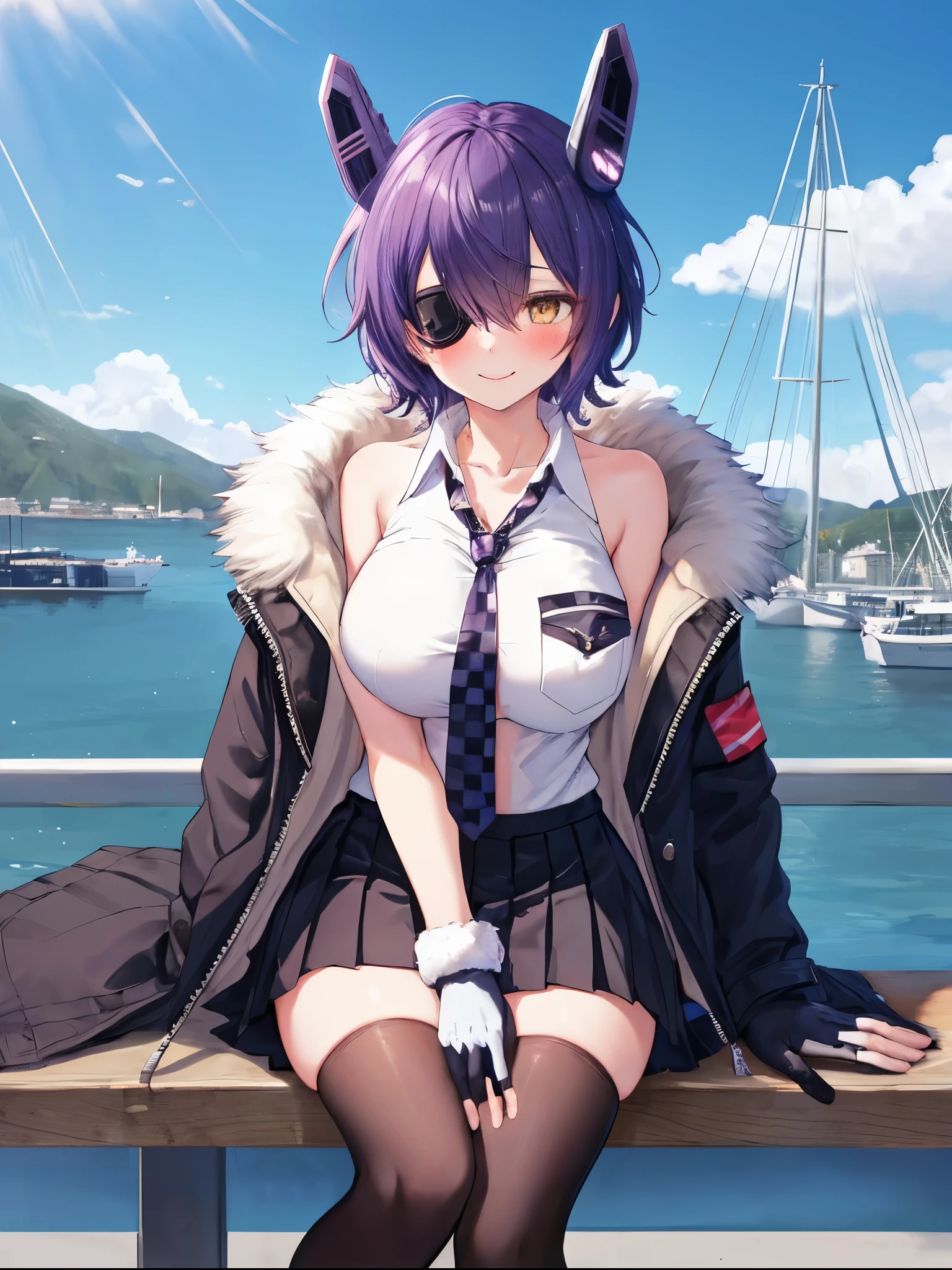 best quality, masterpiece, solo, {tenryuu_kantaicollection:1.}, teirl, eyepatch, short_hair, purple_hair, yellow_eyes, headgear, breasts, necktie, large_breasts, smile, 1girl, blush, checkered_necktie, hair_over_one_eye, shirt, collared_shirt, white_shirt, jacket, sleeveless, brown_eyes, fur-trimmed_jacket, fur_trim, collarbone, looking_at_viewer, pocket, breast_pocket, ,, messy_hair, black_gloves, gloves, partially_fingerless_gloves,harbor_road_landscape_background,outdoor,short_skirt,thigh-highs,boots,sunlight,from_below