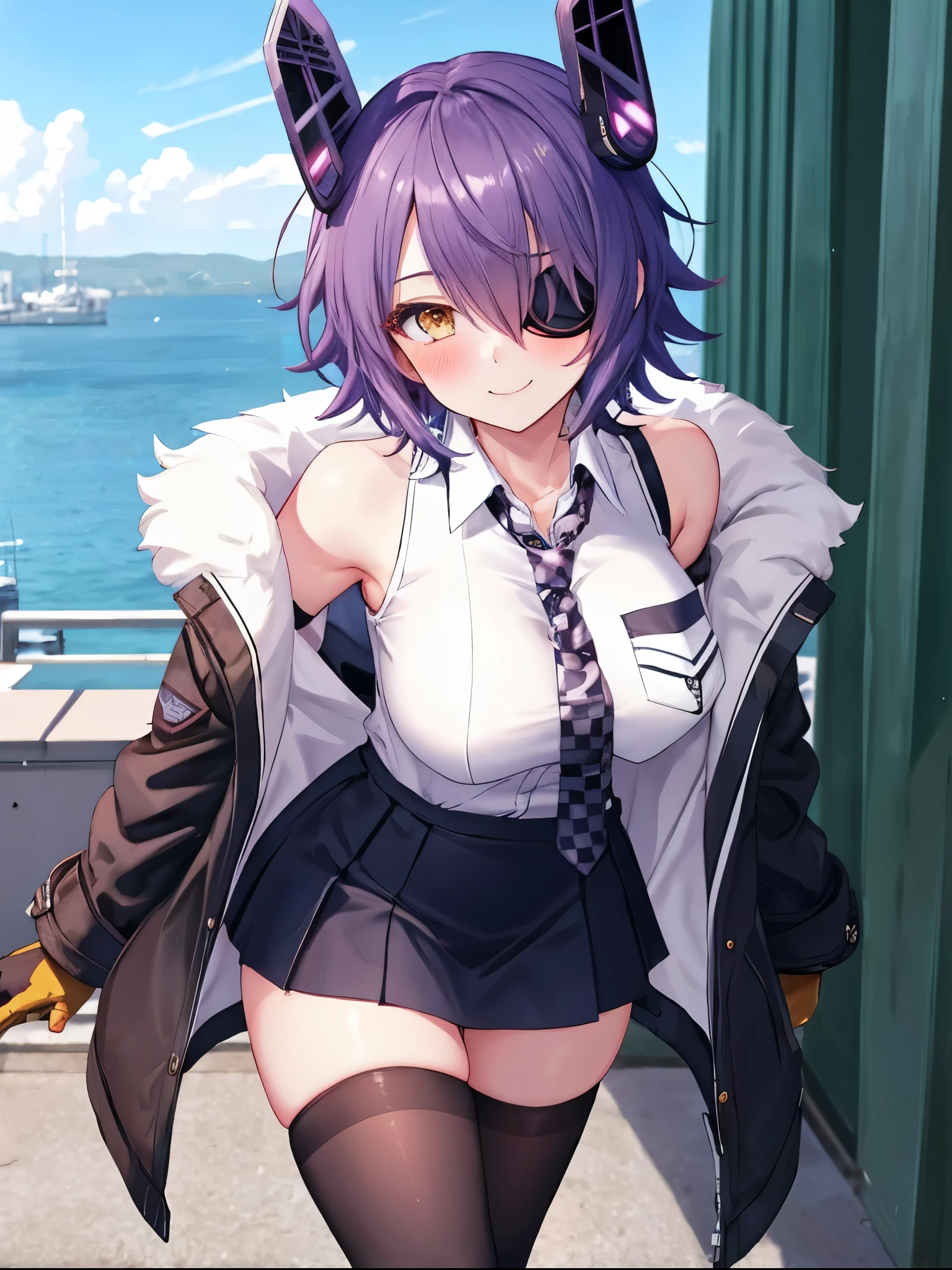 best quality, masterpiece, solo, {tenryuu_kantaicollection:1.**}, ****_girl, eyepatch, short_hair, purple_hair, yellow_eyes, headgear, breasts, necktie, large_breasts, smile, 1girl, blush, checkered_necktie, hair_over_one_eye, shirt, collared_shirt, white_shirt, jacket, sleeveless, brown_eyes, fur-trimmed_jacket, fur_trim, collarbone, looking_at_viewer, pocket, breast_pocket, ,, messy_hair, black_gloves, gloves, partially_fingerless_gloves,harbor_road_landscape_background,outdoor,short_skirt,thigh-highs,boots,sunlight,from_below