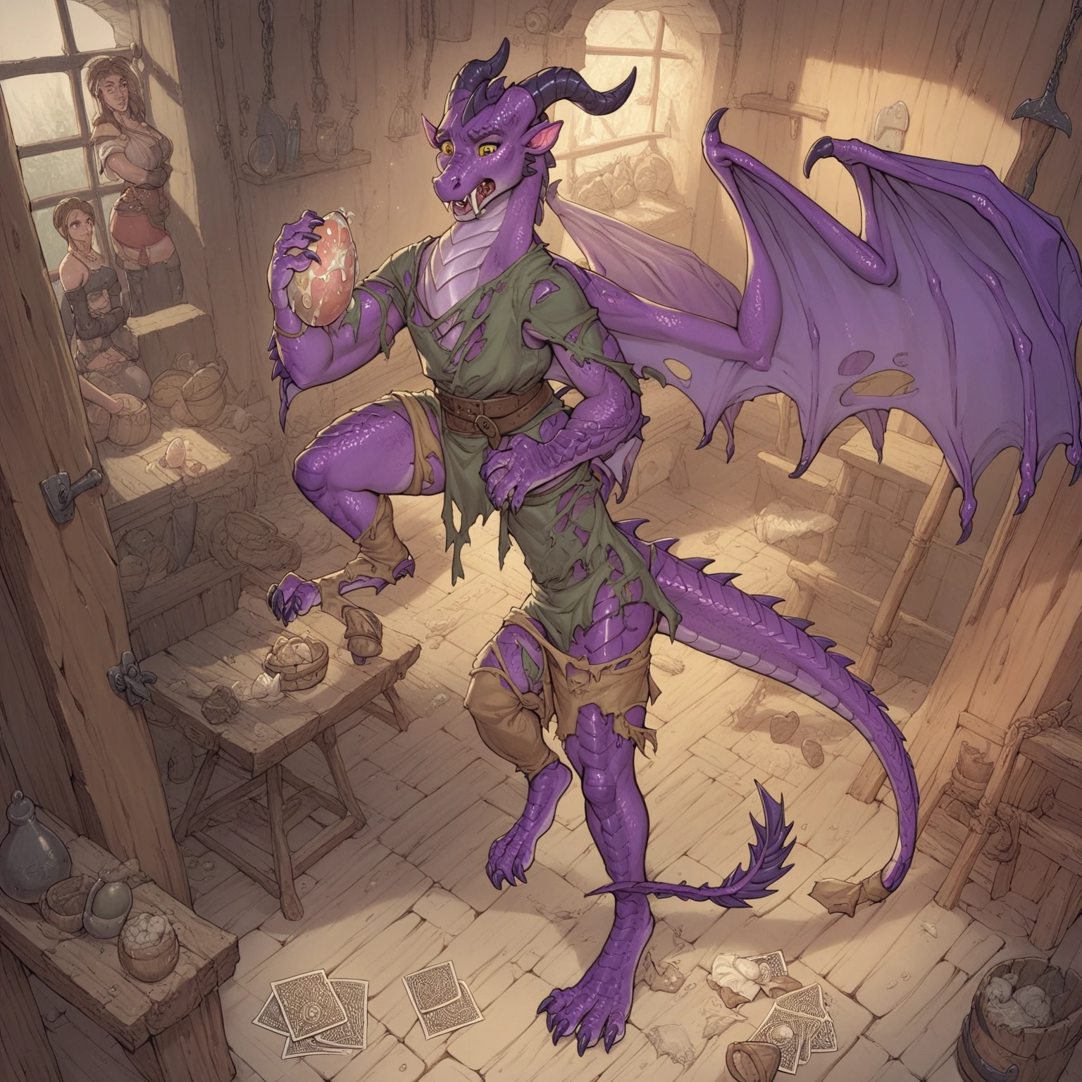 Dragon transformation, short limbs, long body, single, woman, view from above, detailed scales:1.1, gradual scales spreads around, green and purple scale, human skin [skin: scales:0.7], tiny bat wings, dragon nose:1.2, snout:1.2, fangs, horns, [human feet: paws:0.7], long fingers, animal thumb, tiny tail:1.2, holding big egg, in pain, confused, torn clothes, turn clothes around, deep night, darkness, abandoned room, tavern, small room, medieval room, simple colours, artwork, lines, newly hatche, dnd card art, dungeon and dragons art, charging through a dragons lair